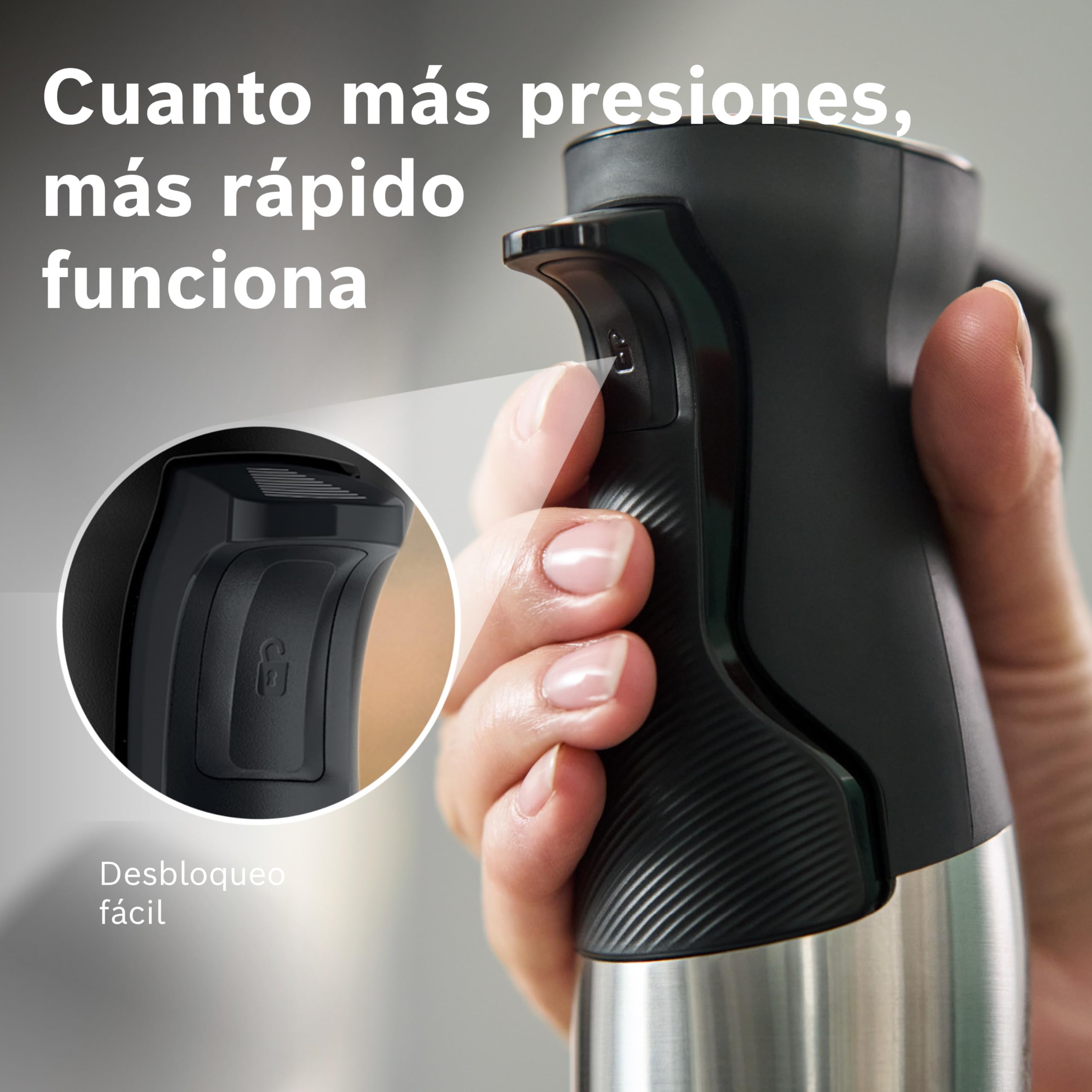 Bosch - Batidora de mano, ErgoMaster Serie 6, motor refrigerado por aire de 1000 vatios, control dinámico de velocidad, sistema de mezcla QuattroBlade, Acero inoxidable, MSM6M622
