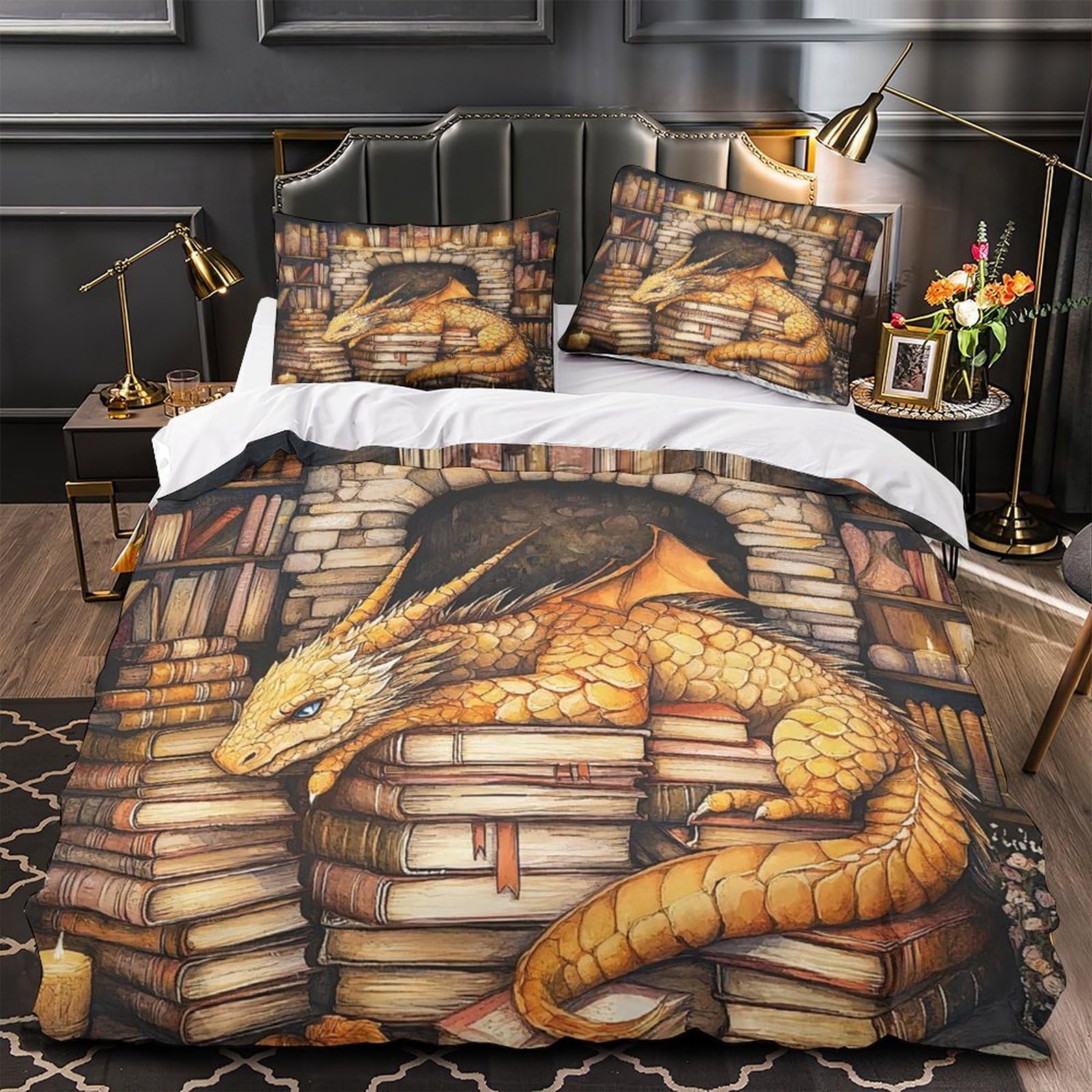 Housse de couette dragon anti-acarien parure lit simple 140x200 douce pour peau sensible