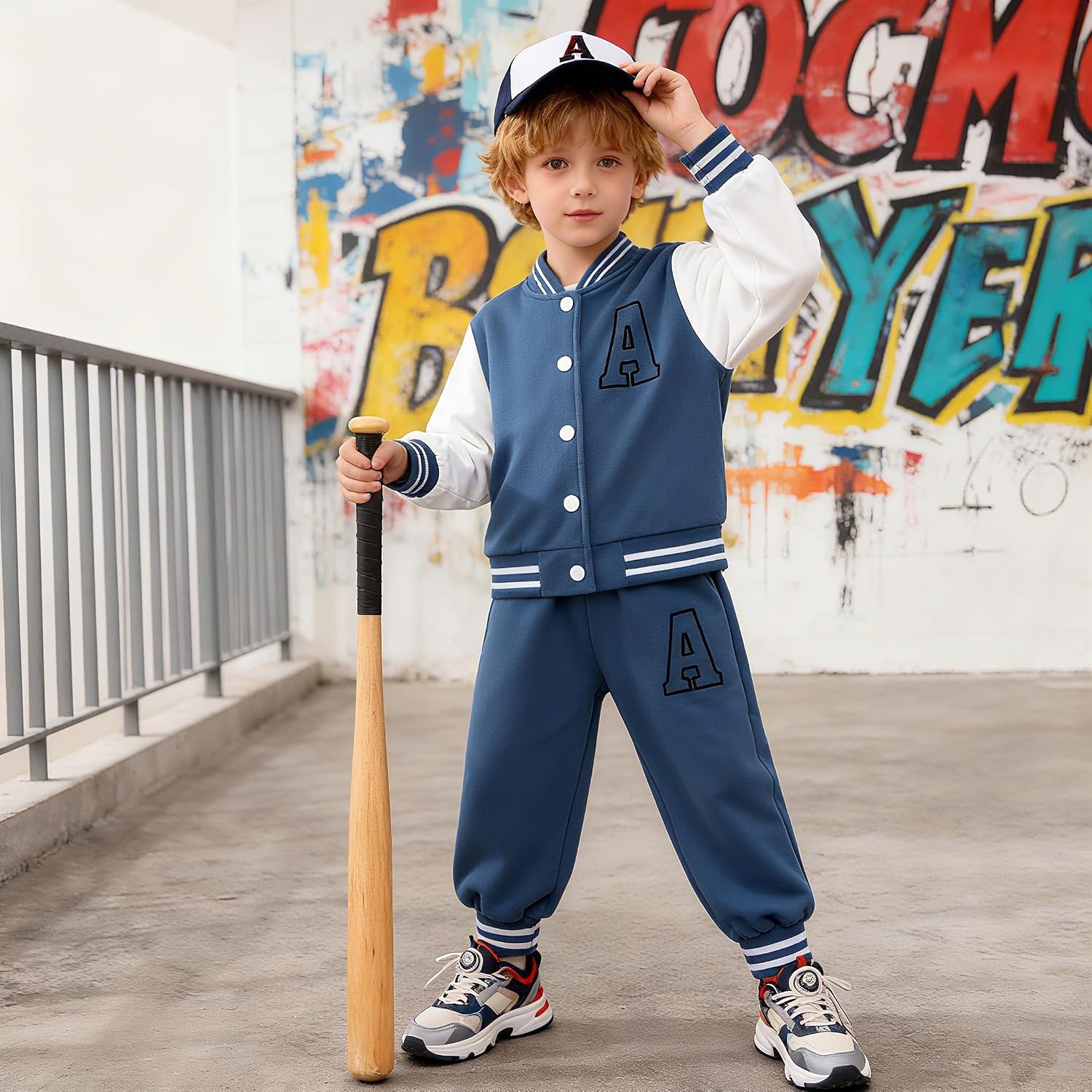 MODNTOGA Toddler Girl Boy Contrasting Baseball Suit Set Letter A Print Jacket Sweatpants Activewear Fall Winter Outfit 2PCS