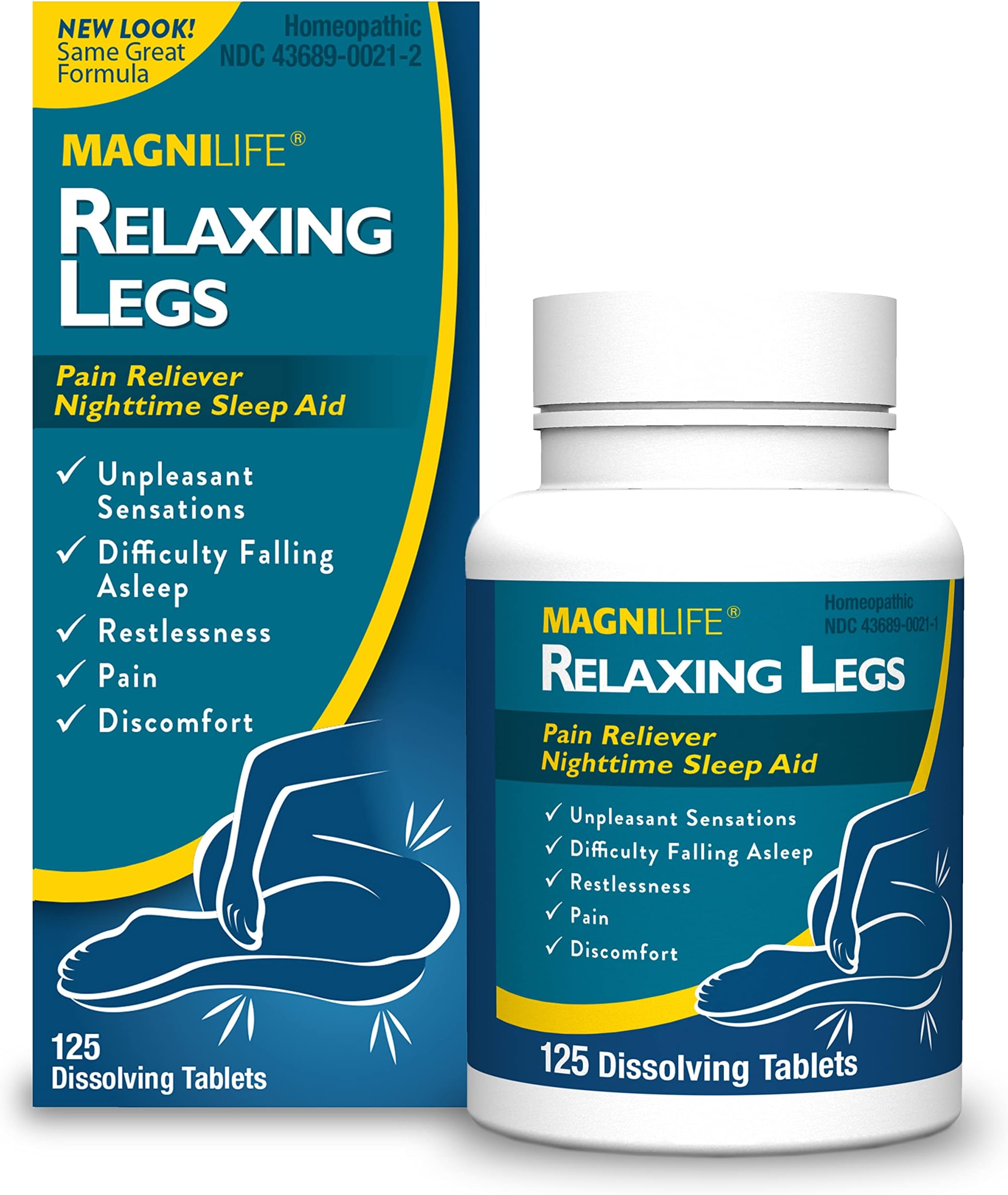 - MagniLife Relaxing Legs Sublingual Tablets, 125 Count, Quick-Dissolving Homeopathic Pain Reliever & Nighttime Sleep Aid, Helps Calm Restless Legs, Discomfort & Sleepless Tossing