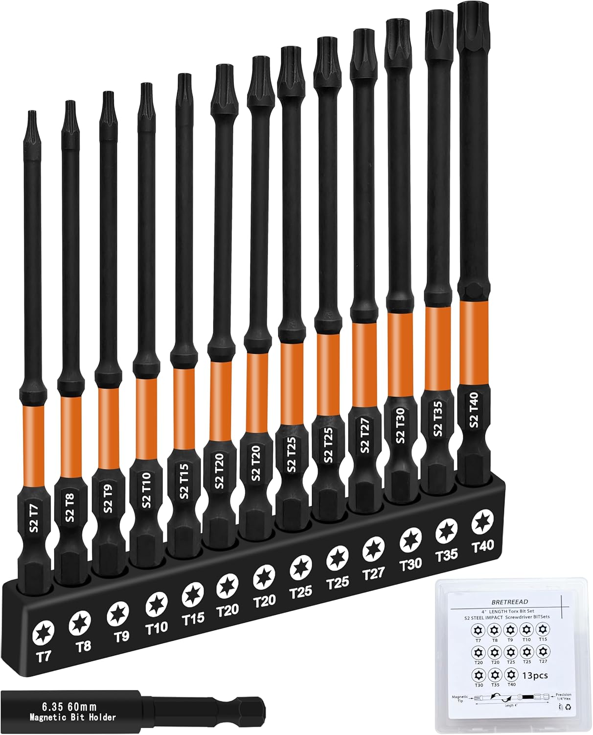 4’’ Long Impact Torx Bit Set 13pcs (TT7-TT40), S2 Steel Security Torx Bit Set, CNC Machined Tips tamper proof star bits, 1/4 ‘’ Hex -Shank torx bits with magnetic bit holder and Storage Box
