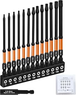 4’’ Long Impact Torx Bit Set 13pcs (TT7-TT40), S2 Steel Security Torx Bit Set, CNC Machined Tips tamper proof star bits, 1/4 ‘’ Hex -Shank torx bits with magnetic bit holder and Storage Box