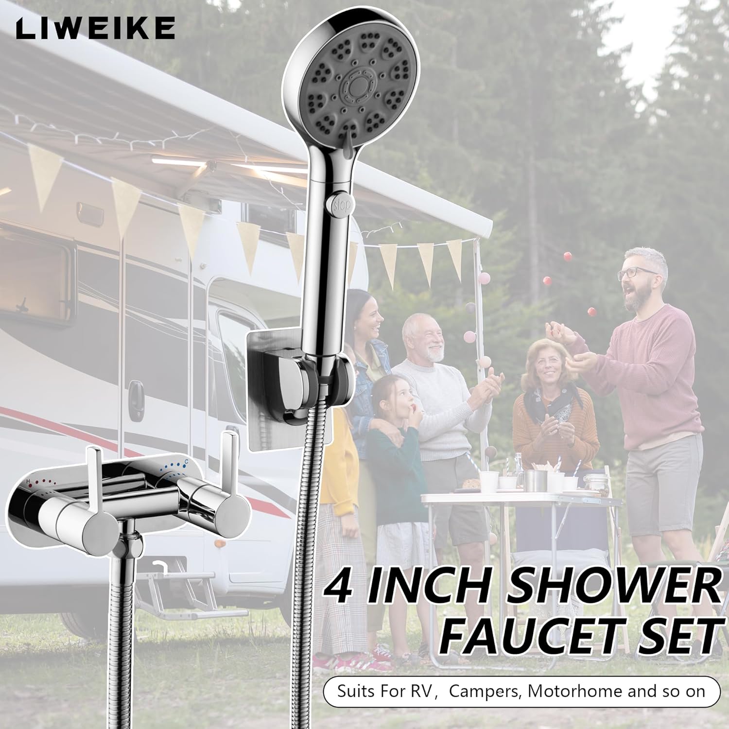 LIWEIKE 4 Inch RV Shower Head with Hose and Faucet Set Chrome Camper Shower Faucet with 6 Setting Handheld Sprayer All Mental 4" RV Outdoor for Travel Trailer, Camper, Motorhome