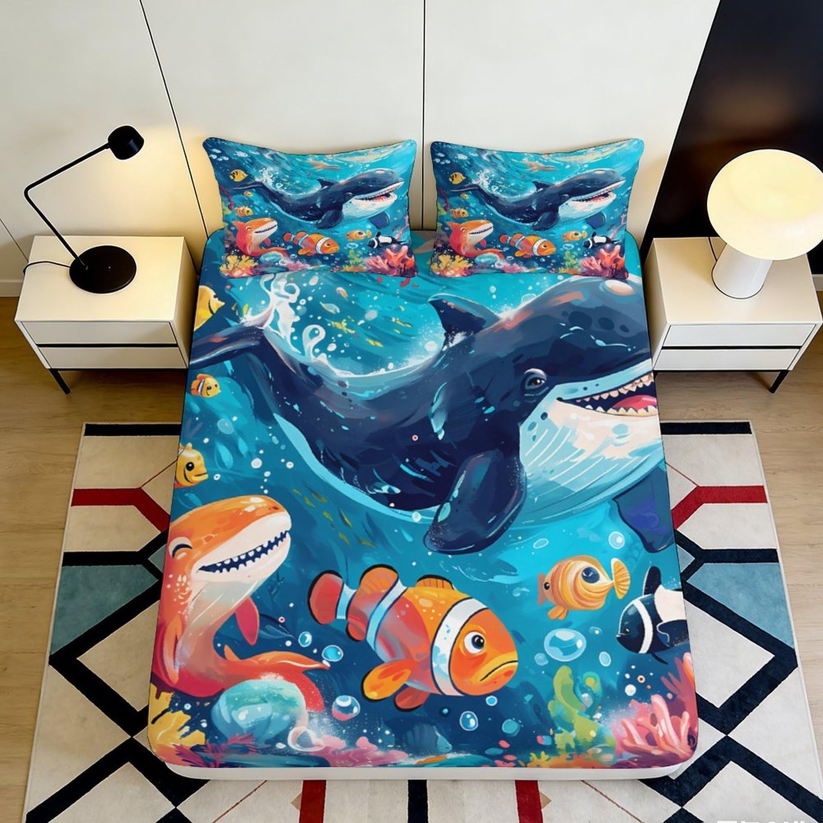 3D Printed Ocean Whale Fitted Sheet Microfiber Soft Breathable Cartoon Fish Mattress Cover for Bedroom Dorm Decor 140x200x25cm