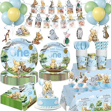 171Pcs Winnie Bear First 1st Birthday Decorations for 20 Guests, Disposable Tableware Set with Banner, Cake Cupcake Toppers, Plates and Napkins, Tablecloth for First Birthday Boys