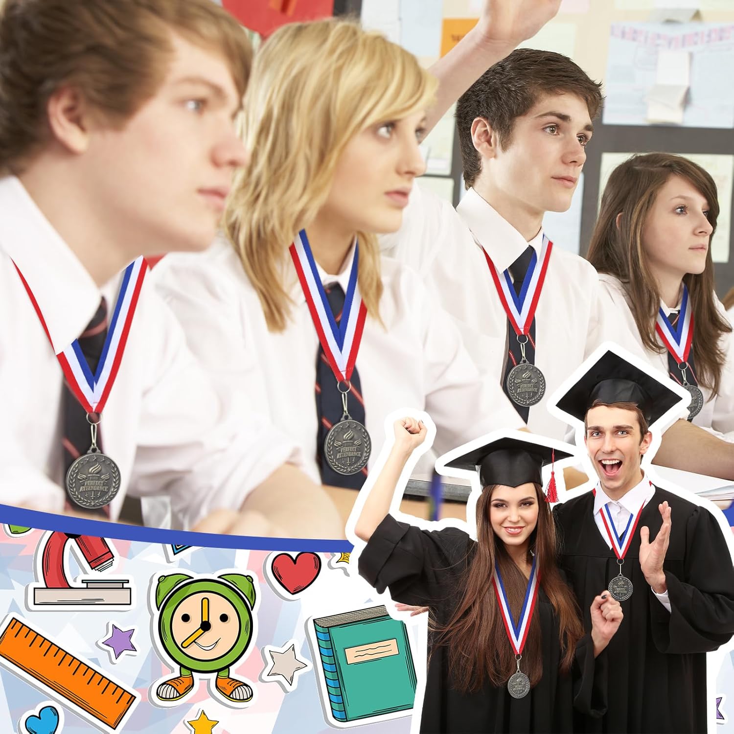 30 Pcs Perfect Attendance Medal Award Bulk 2 Inch Graduation Gold Award Medals with Neck Ribbons Metal Grad Attendance Winner Trophy Team Prize Gifts for Scholastic Academics