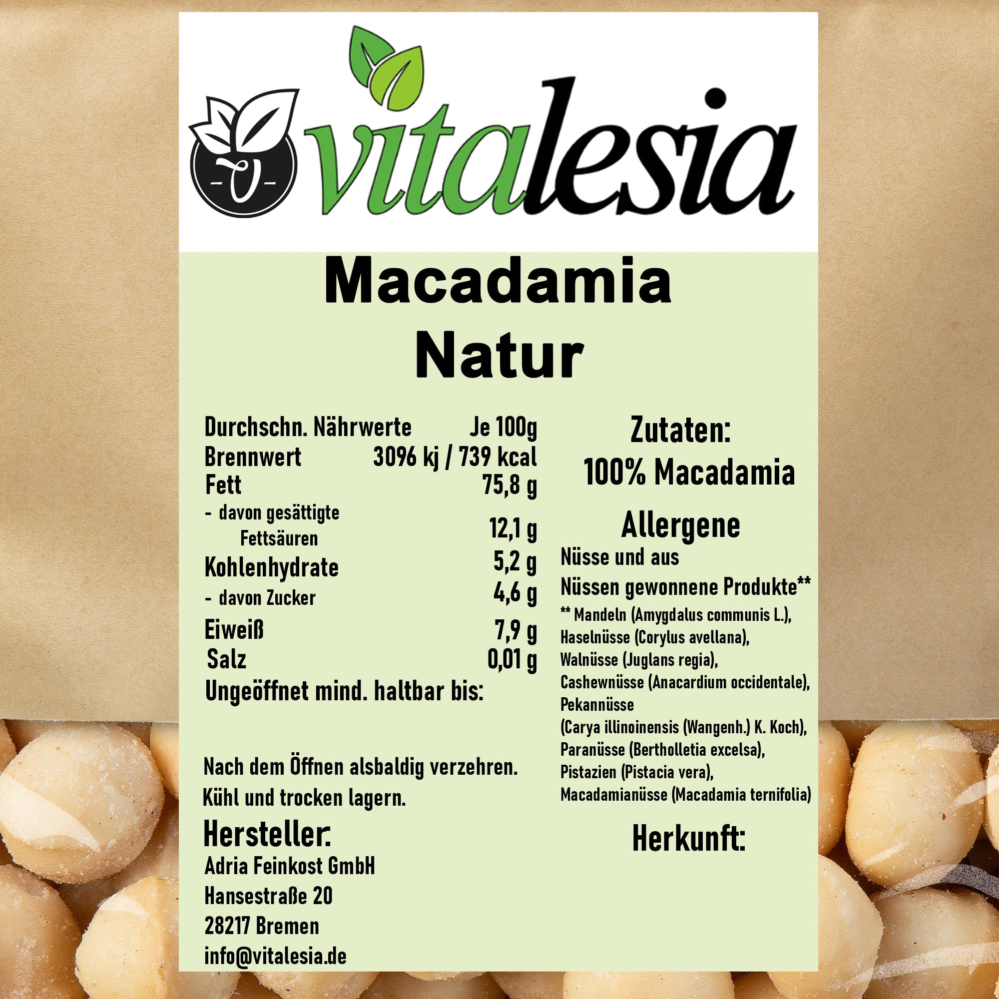 Vitalesia Macadamia Nüsse 500g | Premium Qualität aus Südafrika | roh, ungeröstet & ungesalzen | ohne Zusätze | Macadamianüsse naturbelassen 100 % | vegan