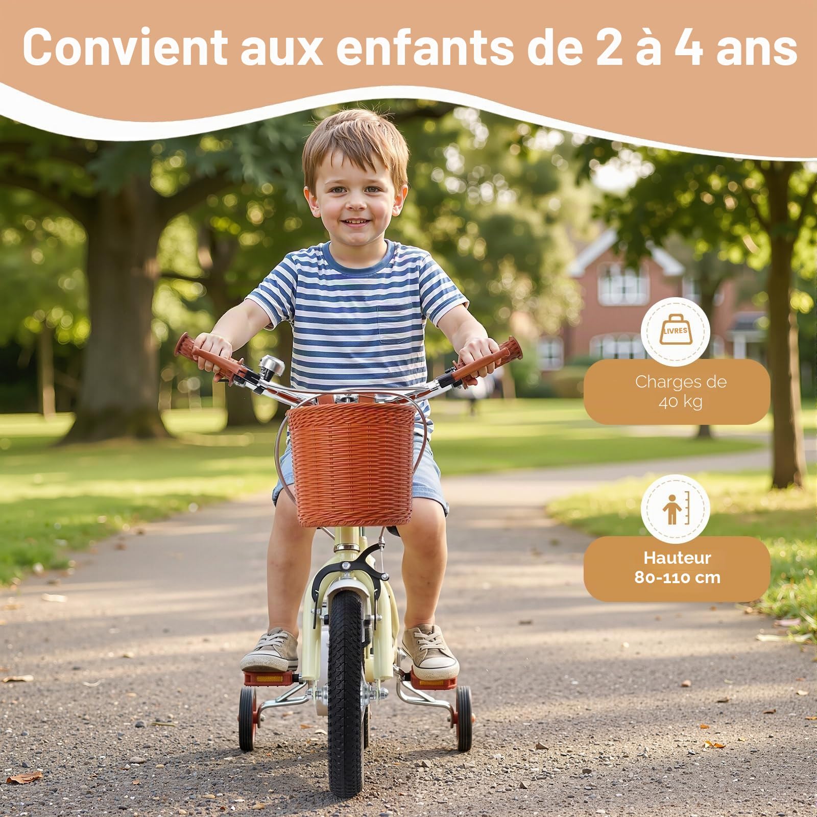 Vélo enfant 12 pouces avec panier avant roues stabilisatrices 2-4 ans hauteur réglable 60-70 cm