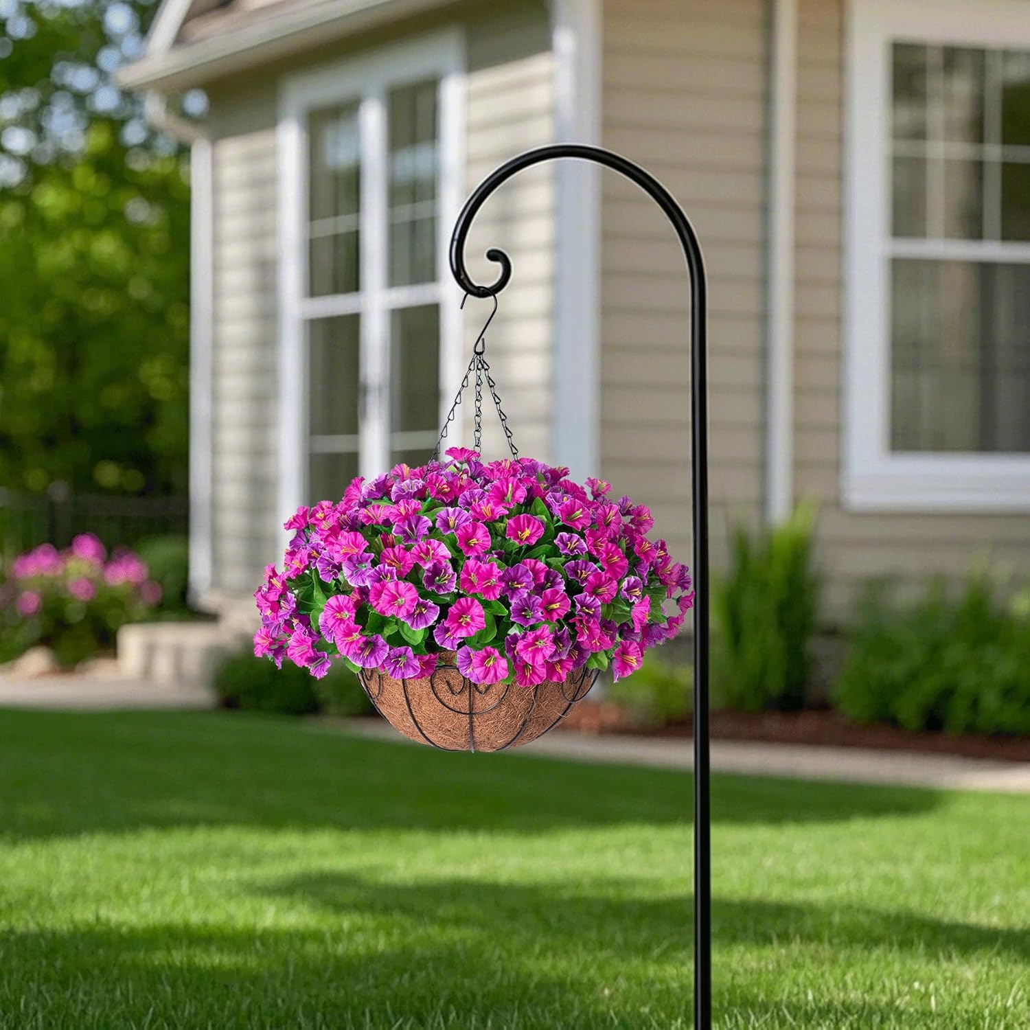 Artificial Hanging Flowers with Basket, Faux Silk Petunias Flower Arrangement, Coconut Lining with Morning Glories Fake Plants Patio Garden Porch Deck Spring Summer Decor(Lotus and Fuchsia) - Image 6