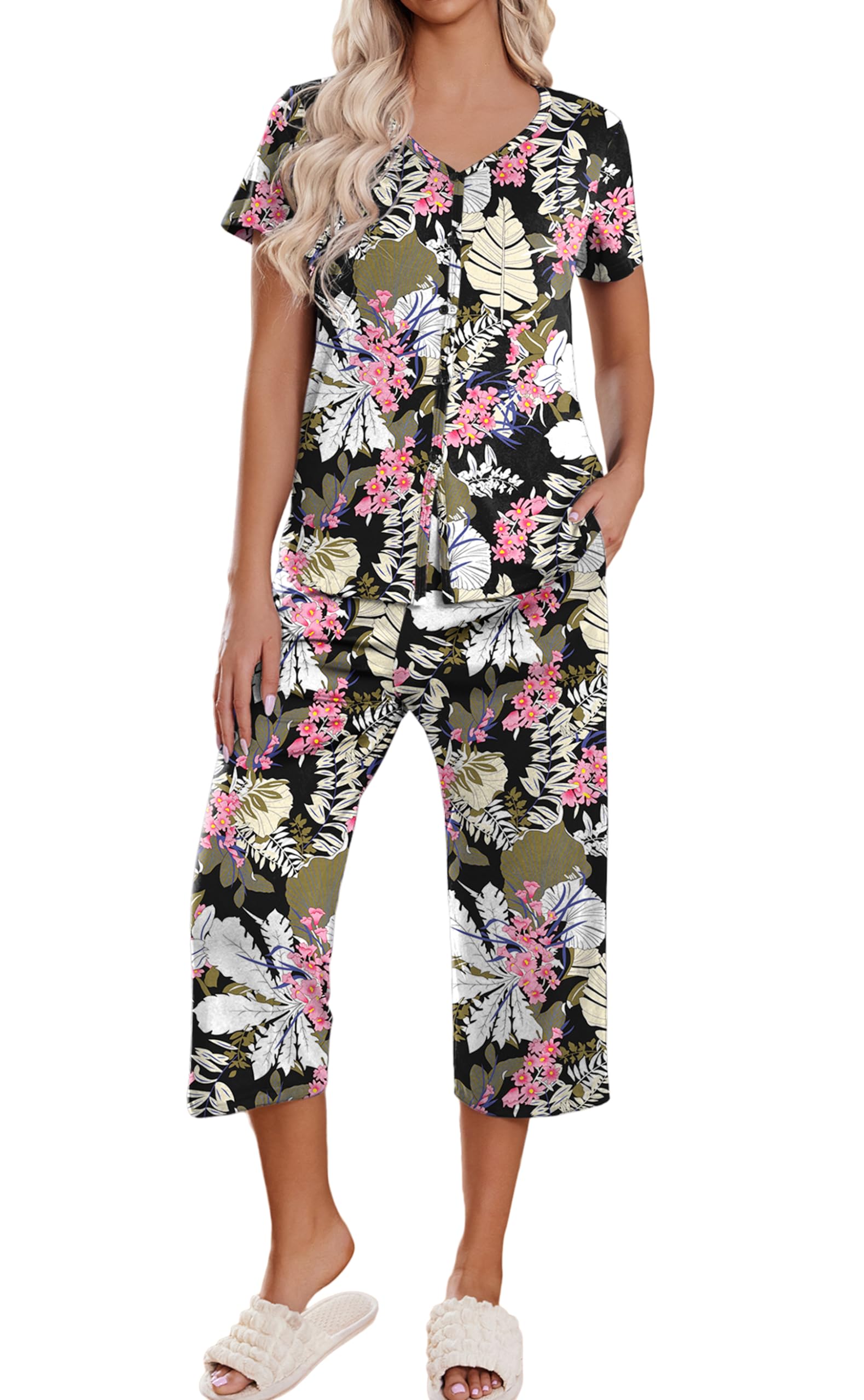 Women's Short Sleeve Pajama Sets with Button Down Top and Capri Pants
