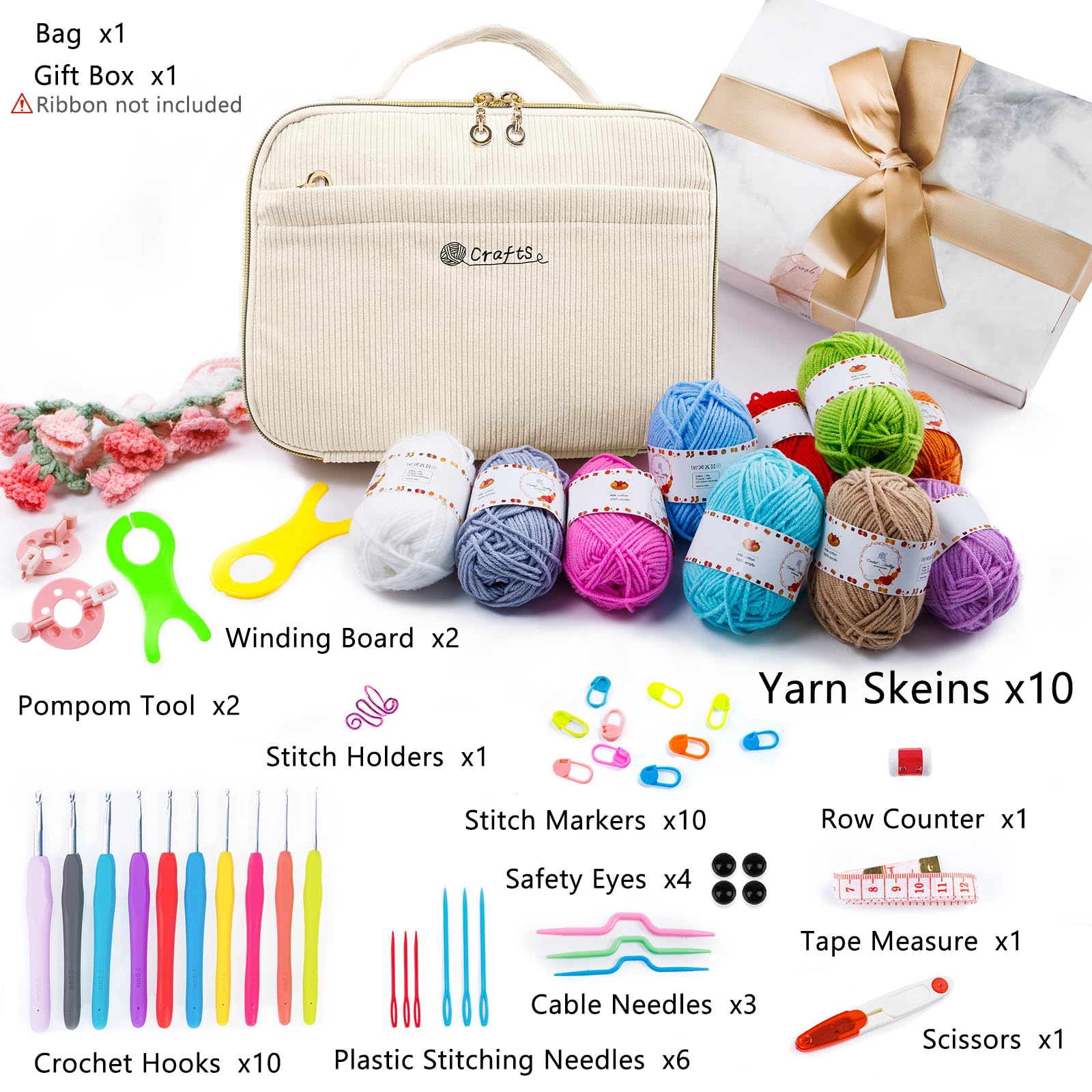 MYBAGZING Kit de ganchillo para principiantes con bolsa de almacenamiento de hilo, 10 ganchos de ganchillo de 2 a 6 mm, 10 madejas de hilo para ganchillo, accesorios de tejer, kit de inicio de