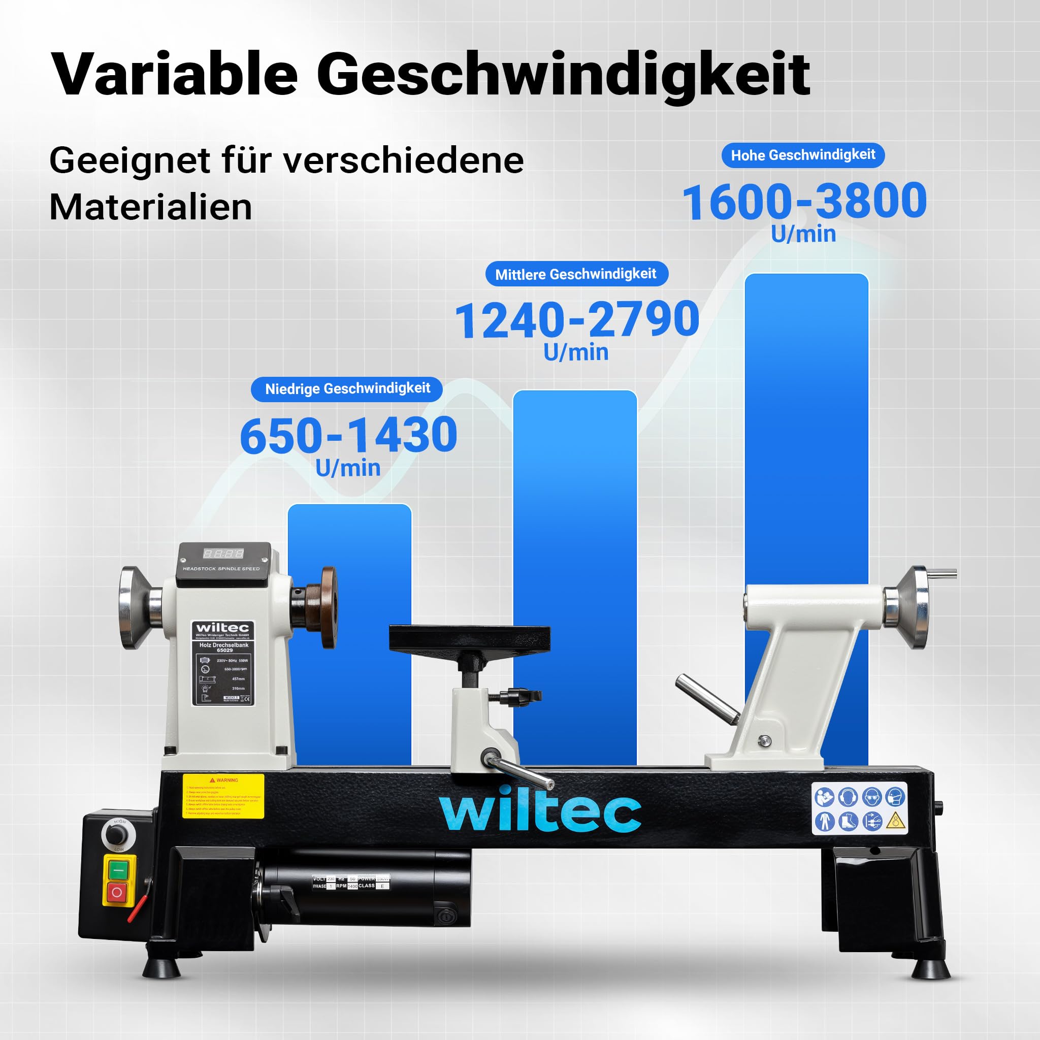 Wiltec Drechselbank 550 W mit variabler Drehzahl 650-3800 U/min, Drechselmaschine mit Planscheibe, Drehbank für Holz bis 457 mm Länge