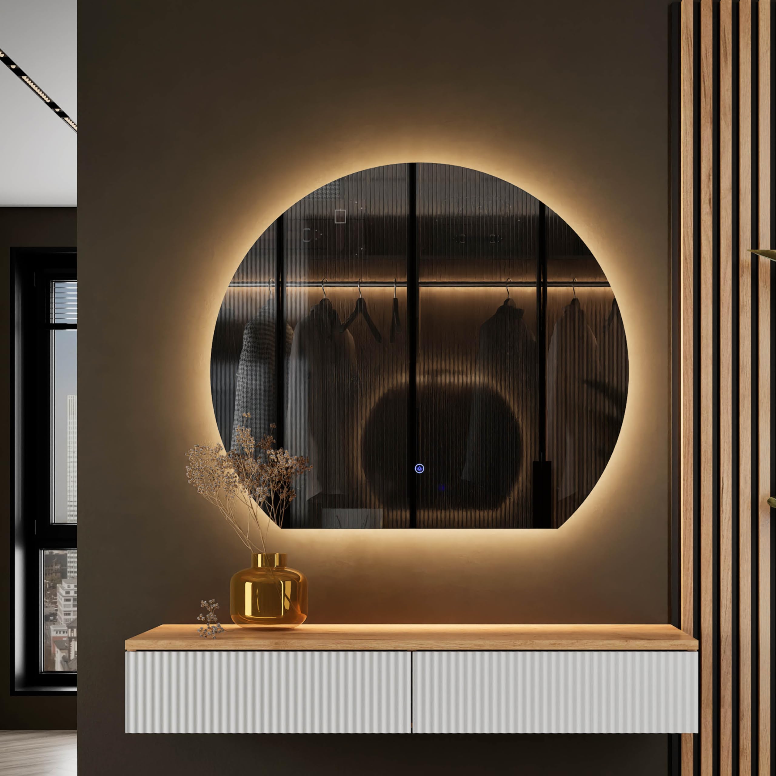Planetmöbel Set di Guardaroba per Ingresso con Consolle 100 cm incluso Specchio con Illuminazione Semicircolare, Consolle da Parete 100 x 16 x 35 cm (Rovere Dorato/Bianco), Specchio da Parete Aube 80