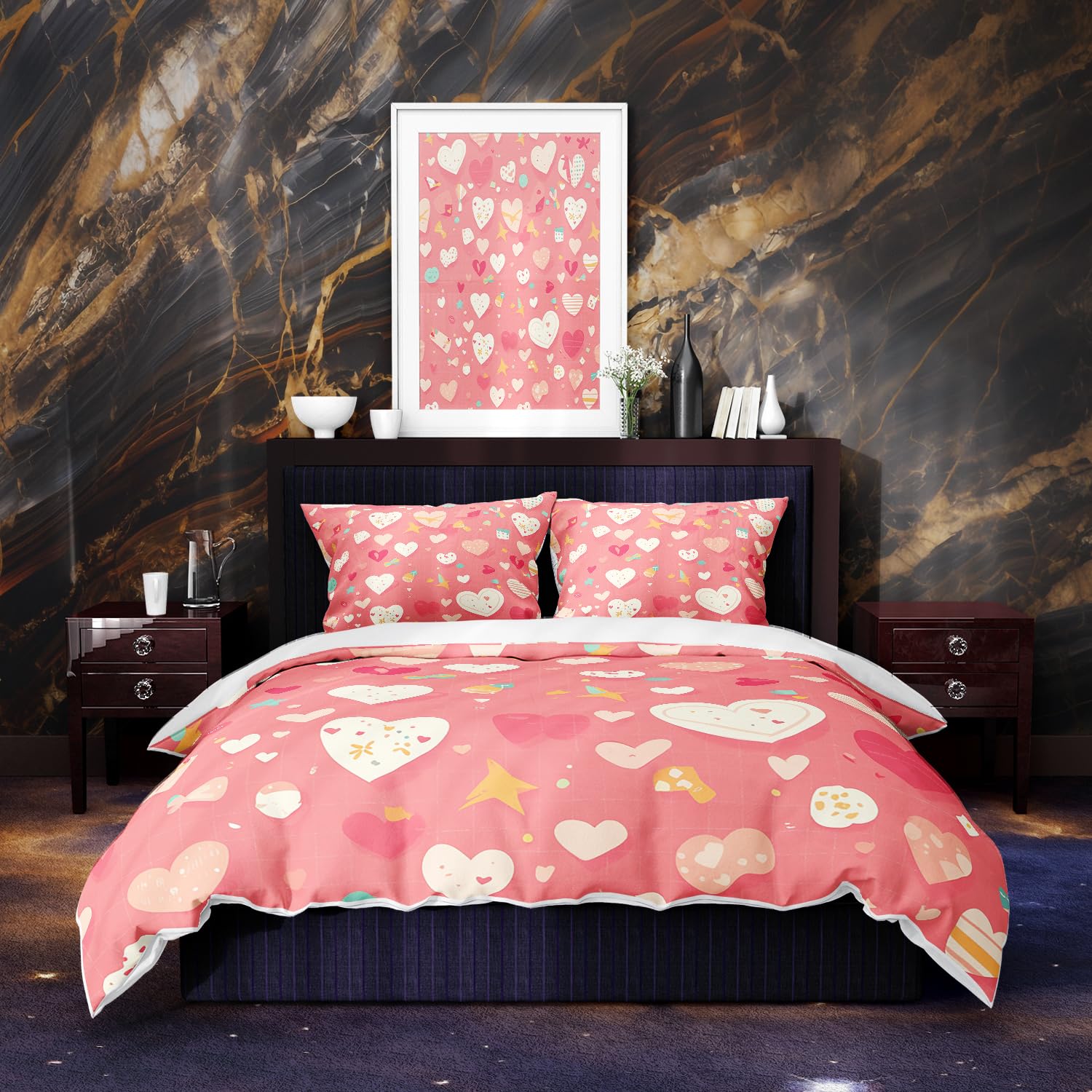 TANMESSOHeart Duvet Cover King, Soft Microfiber Bedding for Girls and Teens, Modern Love Design Comforter Cover Set