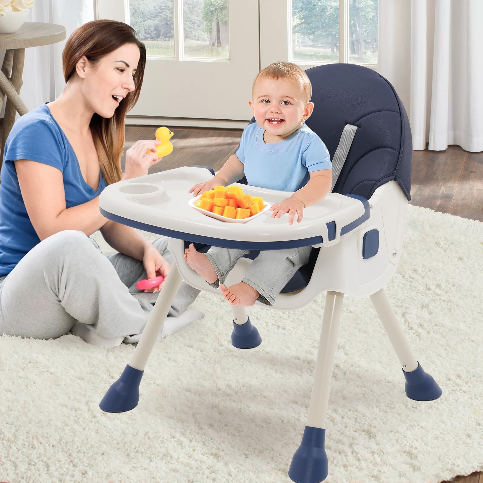 Trona Bebé Plegable 3 en 1, 3 Posiciones Reclinable con Doble Bandeja Extraíble y Ruedas, Asiento Reposapiés, Altura Regulable, 6+ Meses (Azul)