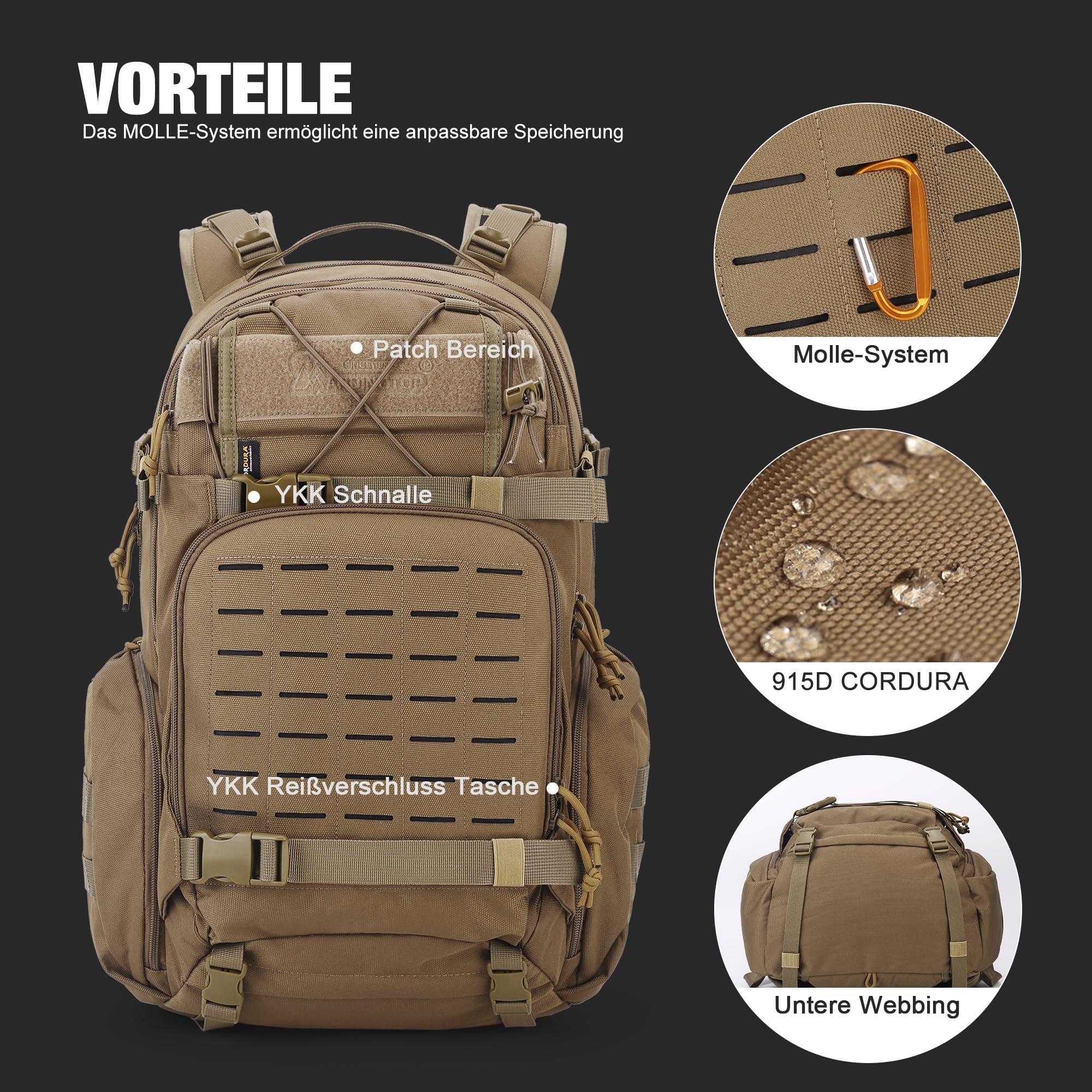 Mardingtop Molle plecak wojskowy, 35 l, plecak turystyczny, taktyczny, męski, plecak trekkingowy, plecak Cordura, na wędrówki, wspinaczkę górską, survival