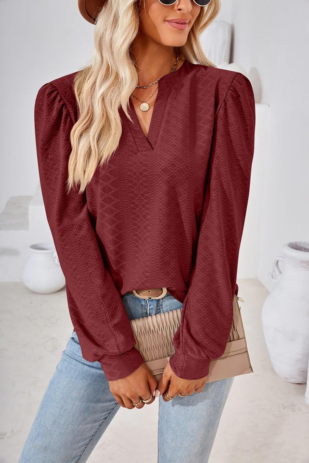 Women Tops Blouse Causal Shirts Puff Long Sleeve Tunic V Neck - Image 5