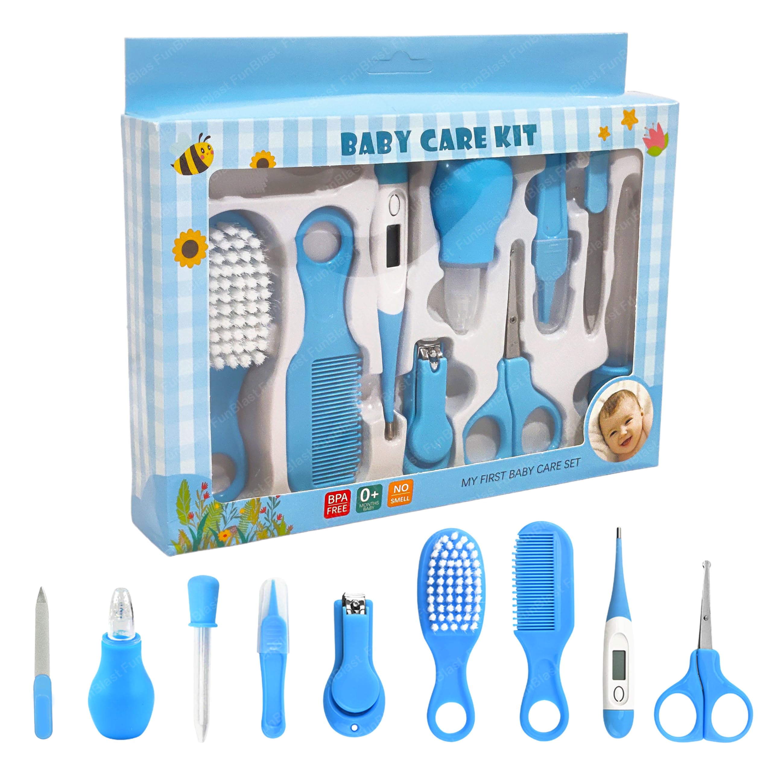 FunBlast Baby Grooming Kit - 10 Pieces Baby Toddlers Manicure Grooming Kit with Nail, Hair, Ear Grooming Tools, Healthcare Accessories Kit for New Born Baby & Toddlers (Blue-B)