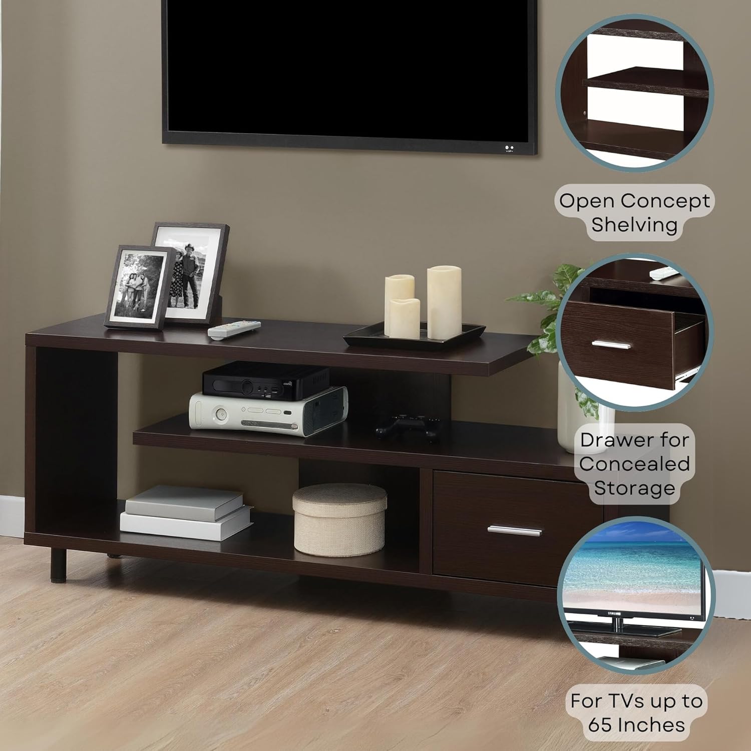 Pemberly Row Contemporary Asymmetrical 60" TV Stand Entertainment Console with Storage Drawer in Espresso Finish