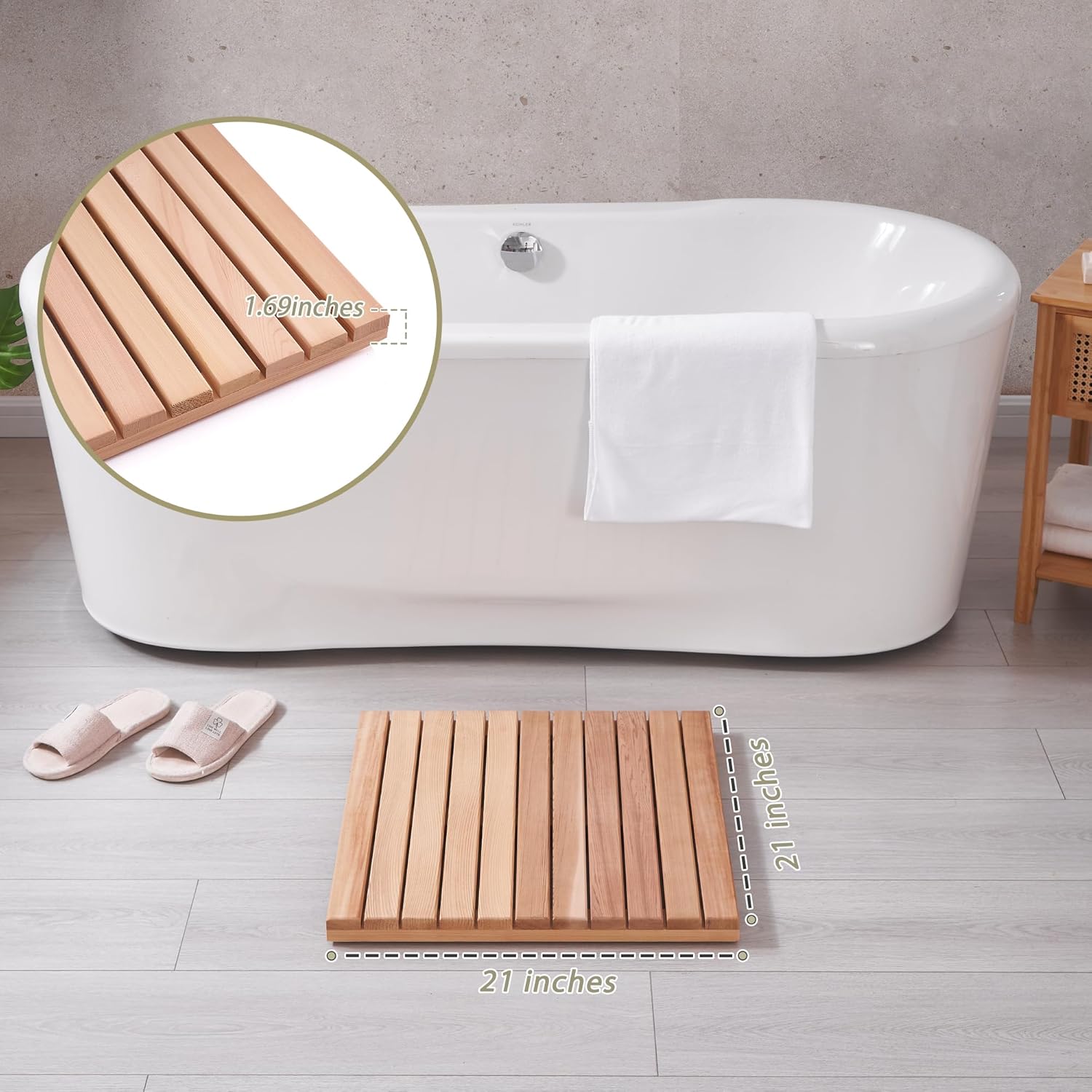 bingaai Cedar Wood Bath Mat 21"×21" Square, Cedar Wooden Bath Mats, Wood Shower Stall Mat Non-Slip for Bathroom Bathtub Spa Sauna Garden Home, Wooden Floor Mat Small for Indoor and Outdoor