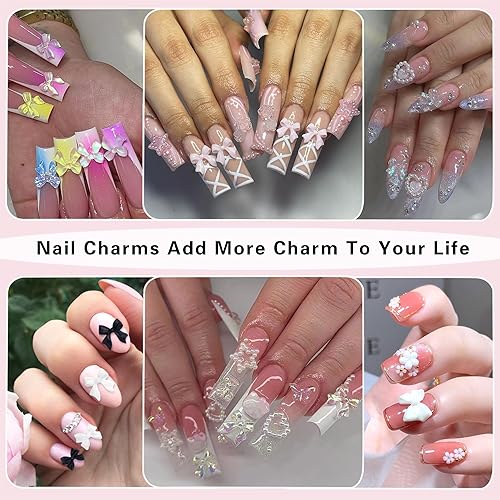 Miniatura 6 de 300 dijes de uñas con lazo y perlas de parte trasera plana, lazo negro, blanco, rosa, 3D, lindos dijes de uñas para diseño de suministros de uñas