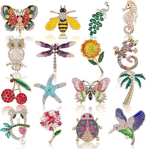 Sasylvia Juego de 16 broches para mujer con diamantes de imitación de cristal, vintage, primavera, animales, insectos, plantas, broches a granel