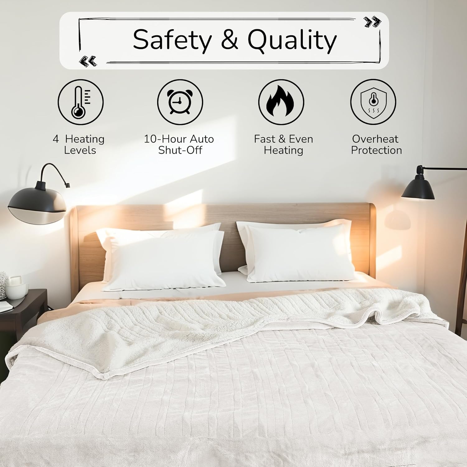 Electric Heated Blanket Queen Size 84"x90" - Dual-Sided with Microplush & Sherpa Fabric, 4 Heat Settings & 10 Hours Auto Off, Dual Controller, Machine Washable - White - Image 7