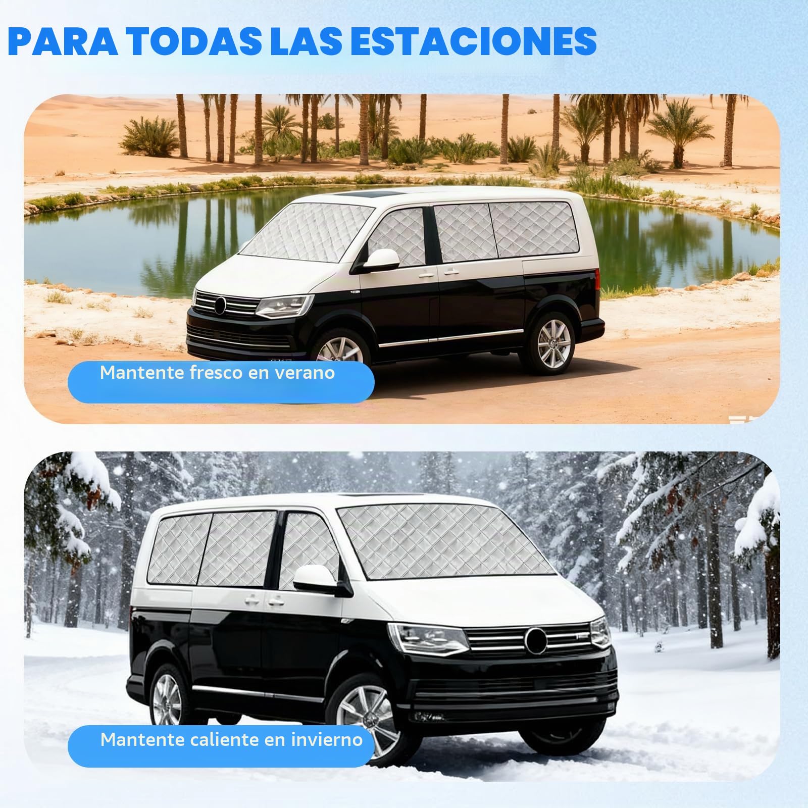 Parasoles termicos para Furgonetas para VW T5 T6 LWB, 8 Piezas Juego de Protector de Parabrisas, persianas térmicas internas VW LWB T5/T6, Materiales Multicapa Duraderos, Efecto Reflectante Plateado