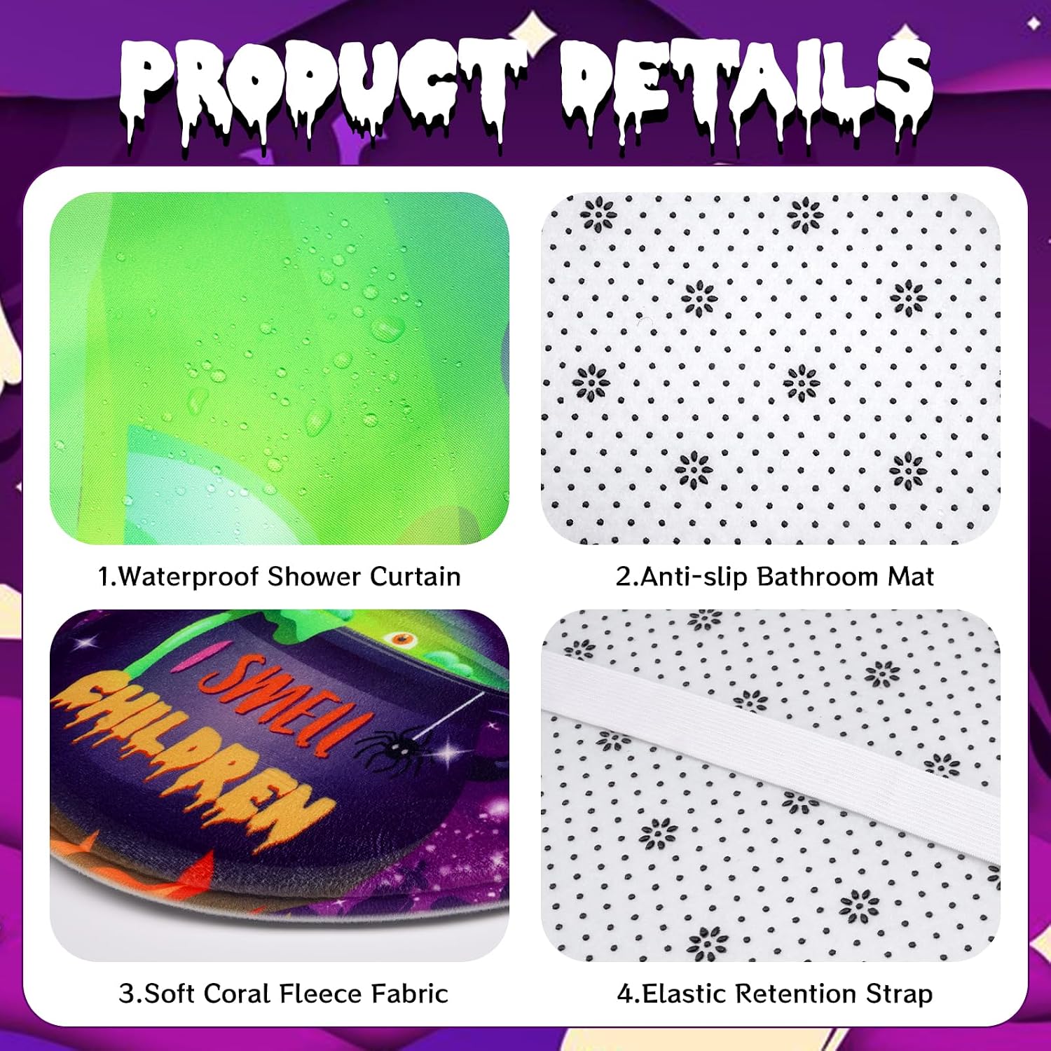 Halloween Shower Curtain Set - 4Pcs Halloween Bathroom Sets with Shower Curtain Non-Slip Rugs Toilet Lid Cover and Bath Mat Bathroom Decor