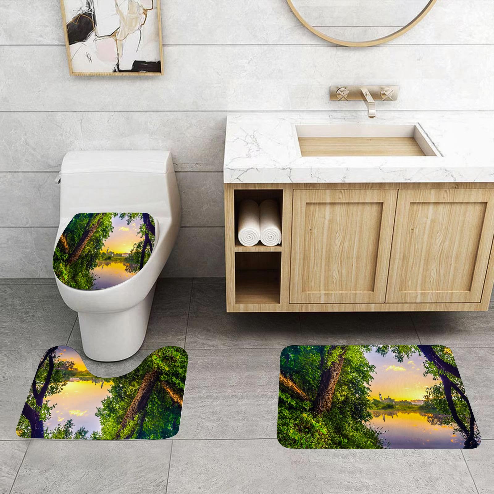 Set di 3 tappetini da Bagno, Lavabili in Lavatrice e Antiscivolo, in Morbida Fibra Superfine. Paesaggio Estivo Rurale con Tramonto sul Fiume e Vista della Nebbia sulla Riva della f