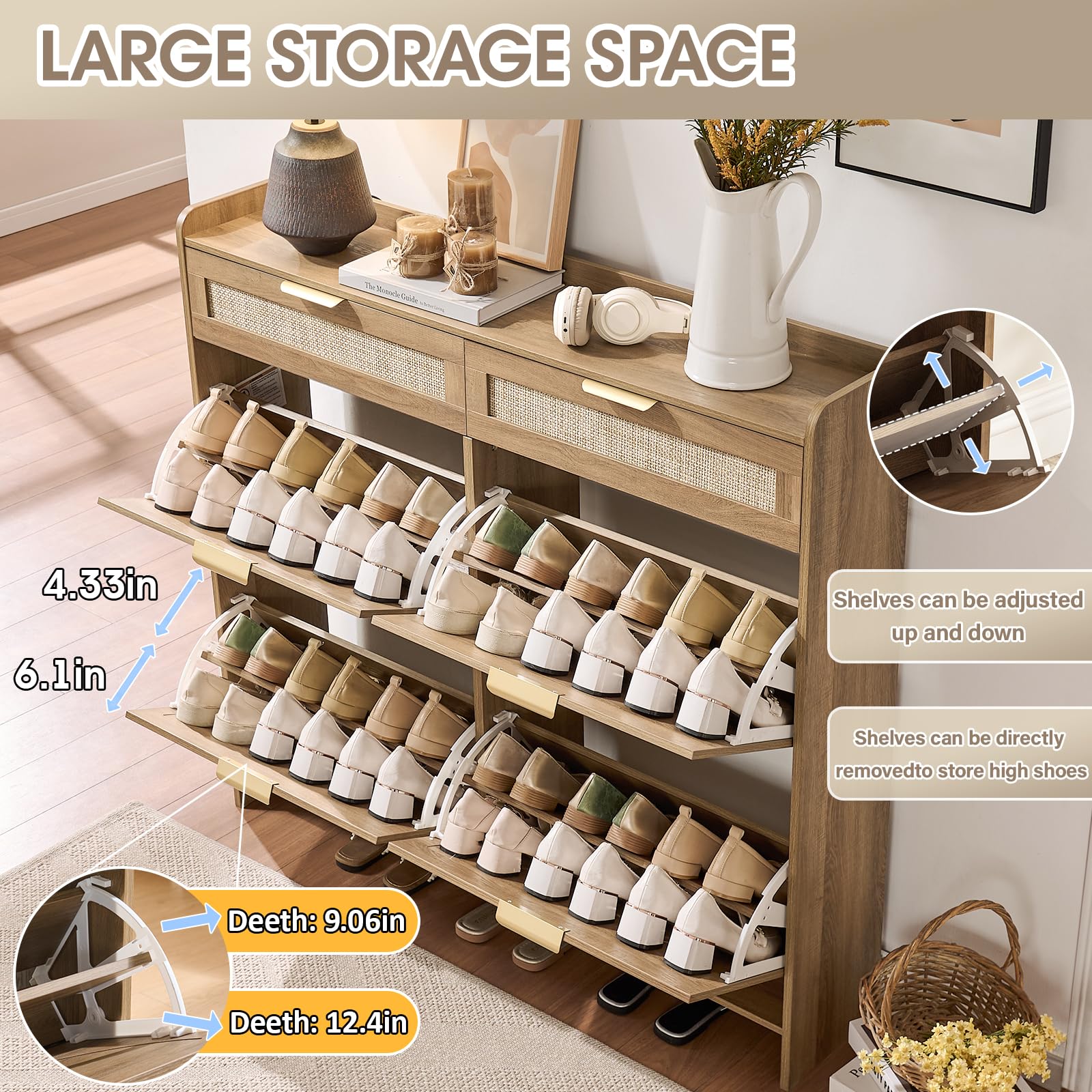 WINWY Rattan Shoe Storage Cabinet with 4 Flip Drawers & 2 Drawers