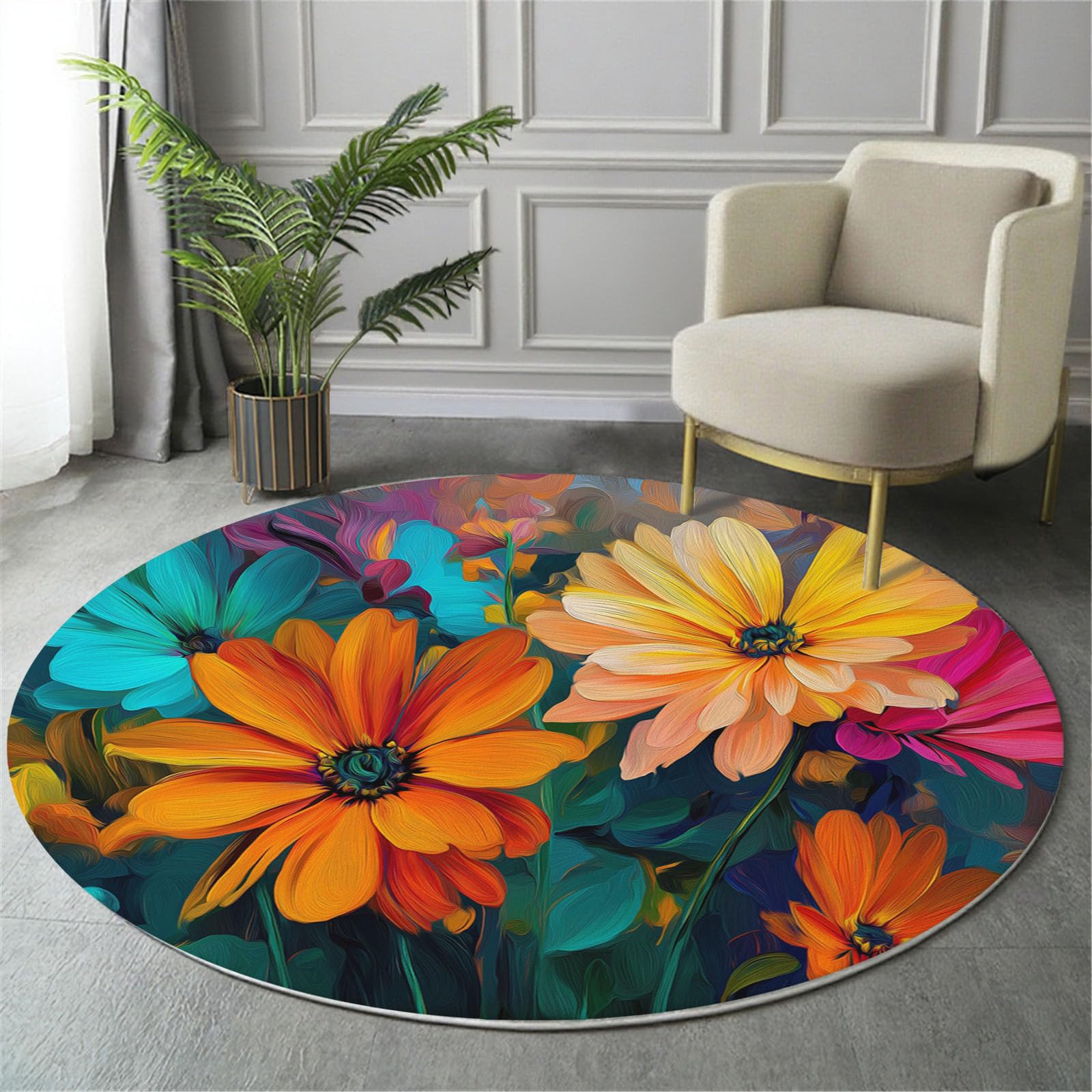 Tappeto rotondo Ø 100 cm, lavabile in lavatrice e antiscivolo, morbido tappeto rotondo Dipinti Ad Olio Impressionisti Gerbera, per soggiorno camera da letto sala da pranzo