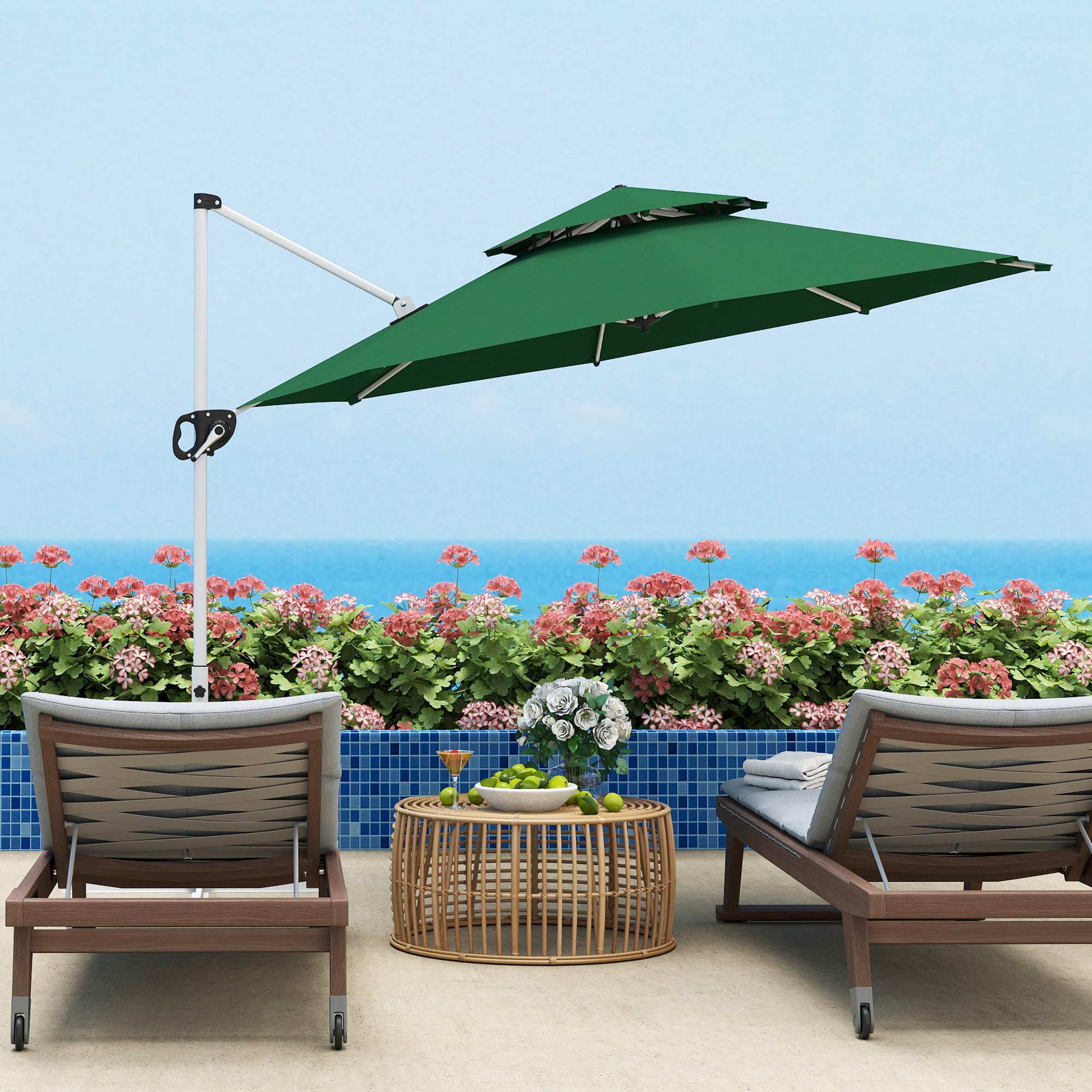 Outsunny Sombrilla de Jardín Ø292 cm Parasol Excéntrico con Manivela Giratorio 360° Inclinación Ajustable Doble Techo y Base Cruzada Sombrilla para Terraza Exterior Patio