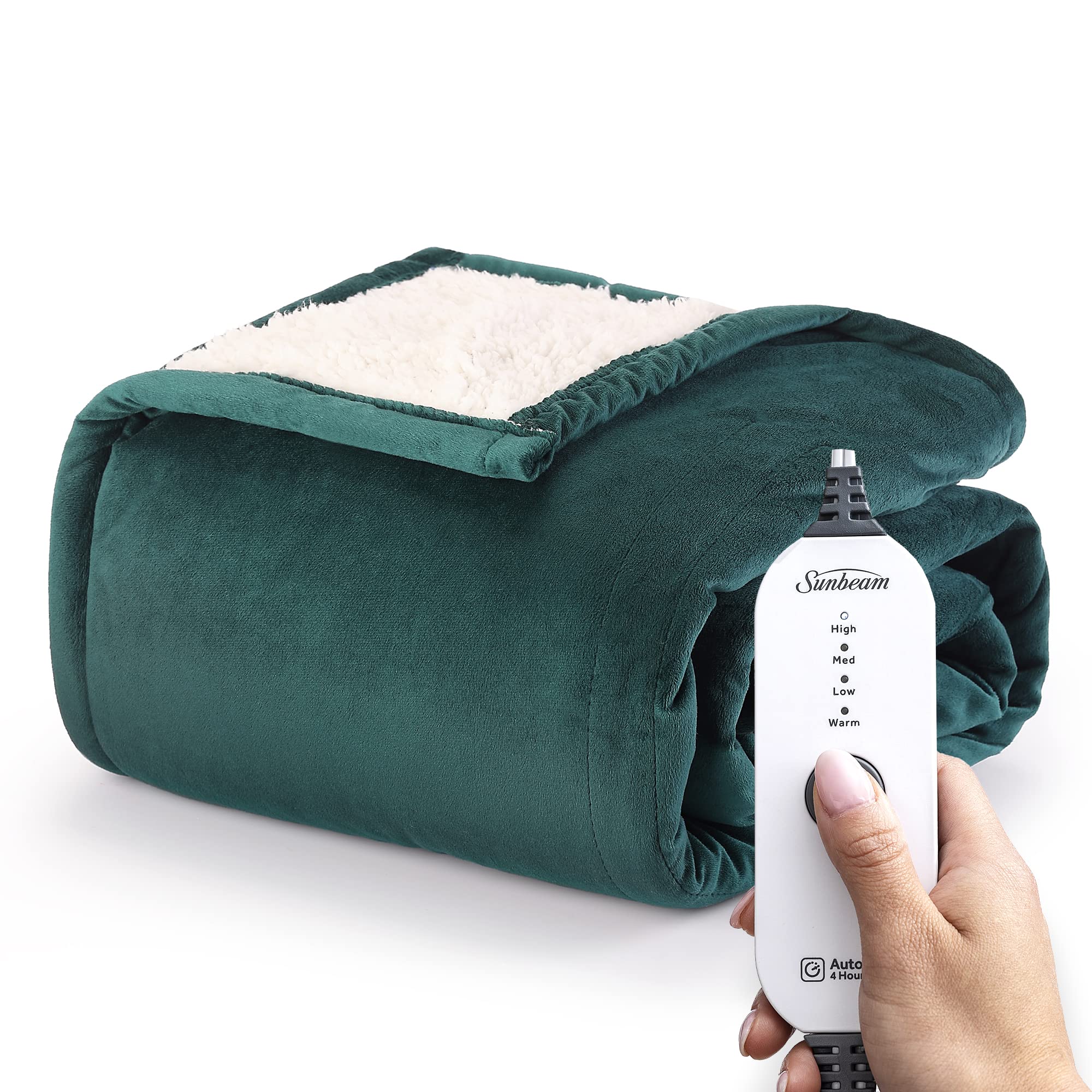 Sunbeam Royal Mink Sherpa Botanical Green Heated Personal Throw / Blanket, Cozy-Warm, Adjustable Heat Settings