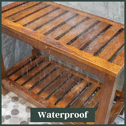 Miniatura 7 de The Teaky Hut Banco de ducha de teca de 30 pulgadas  Banco de madera totalmente montado con estante, resistente al agua, pies ajustables