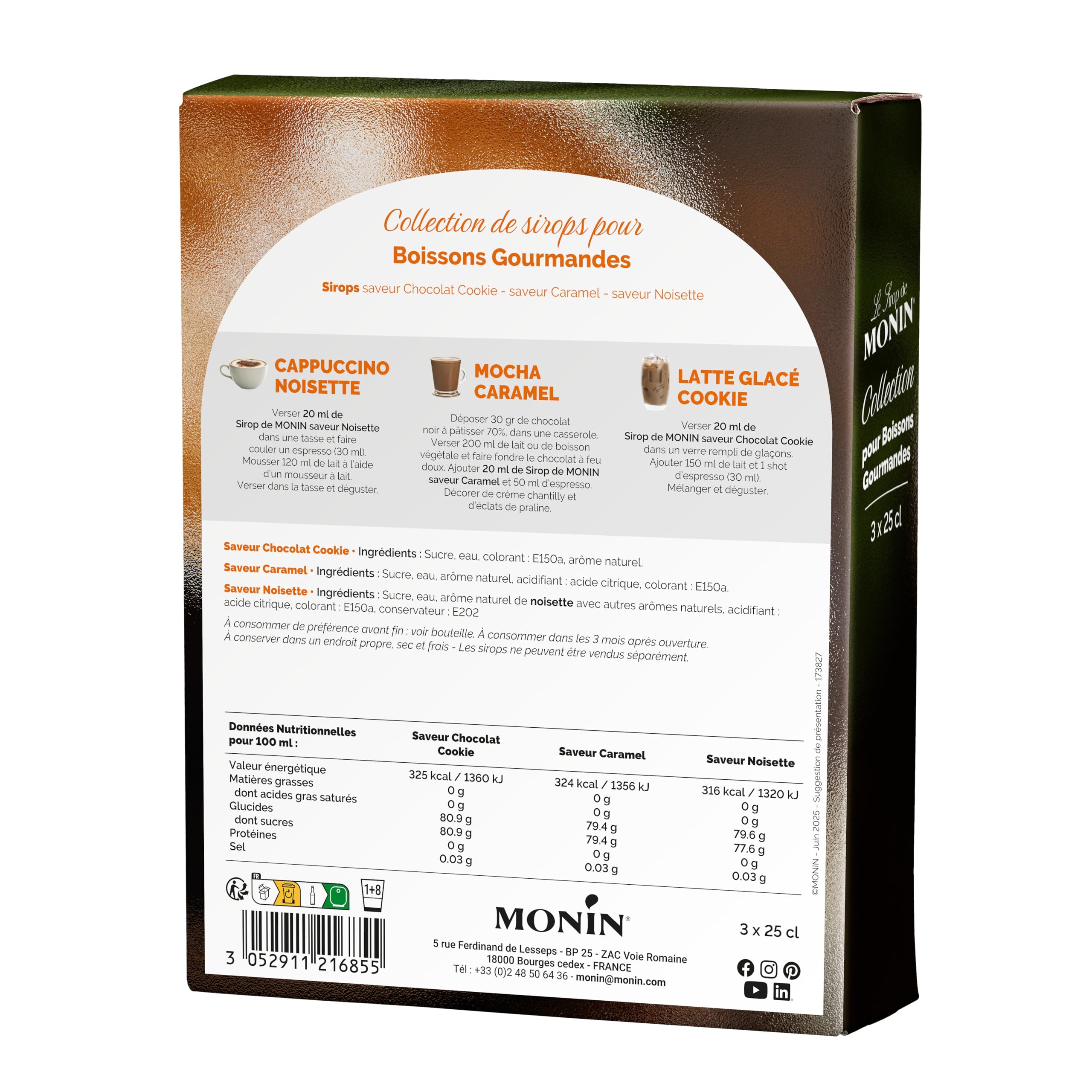 MONIN - Coffret Sirop MONIN Pour Café Saveurs Noisette/Caramel/Chocolat Cookie - Pour Café, Chocolat Chaud, Capuccino ou Latte - Arômes Naturels - Bouteille en Verre - 3 x 25 cl