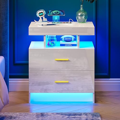 Miniatura 9 de Juego de 2 mesitas de noche LED con estación de carga inalámbrica y puertos de carga USB, luz LED de 3 colores con brillo y sensor ajustables, mesas