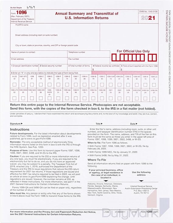 1096 Transmittal 2021 Tax Forms 25 Pack of 1096 Summary