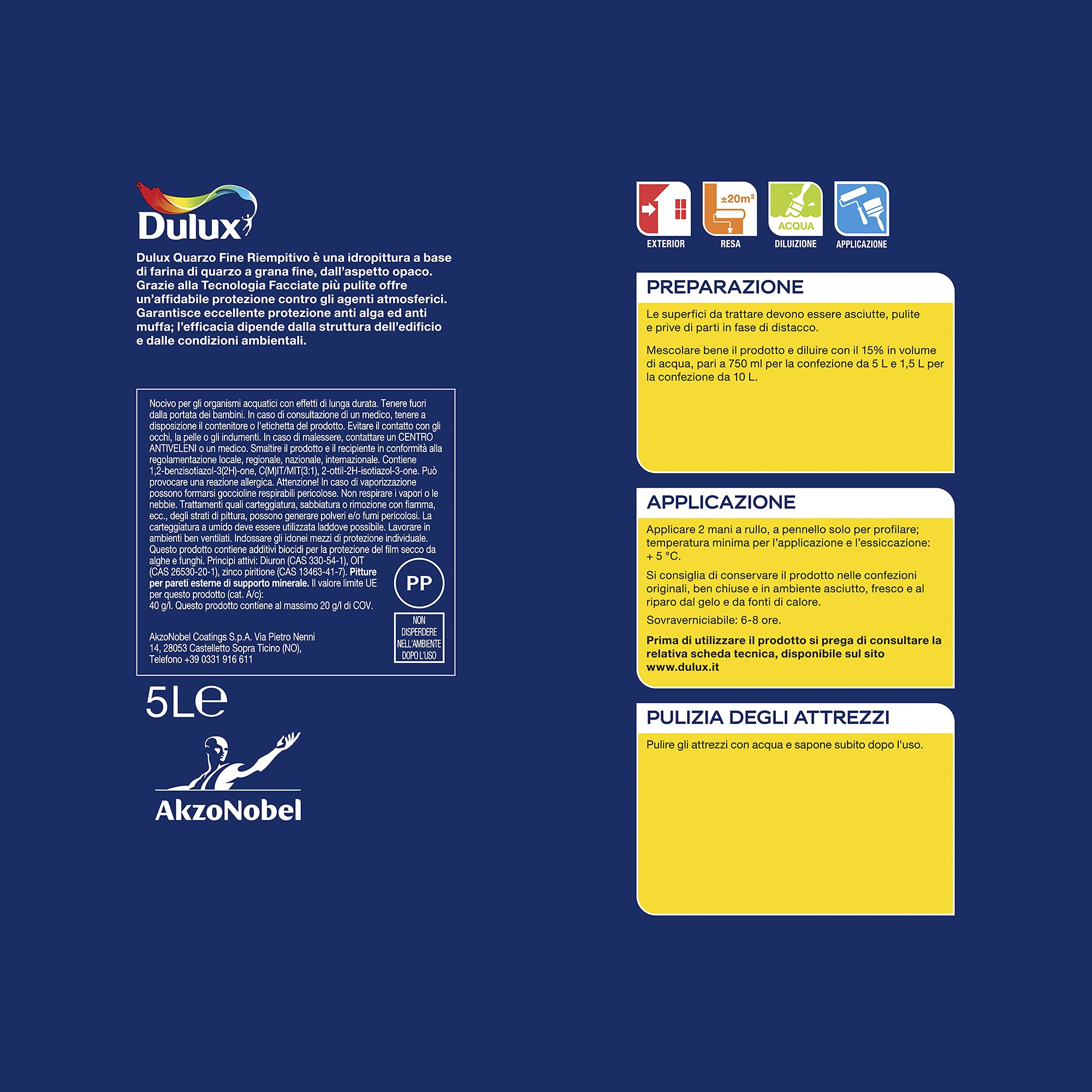 Dulux Pittura Riempitiva a Base di Farina di Quarzo a Grana Fine per Esterni Anti Alga e Anti Muffa, 10 Litri, Bianco, 10L