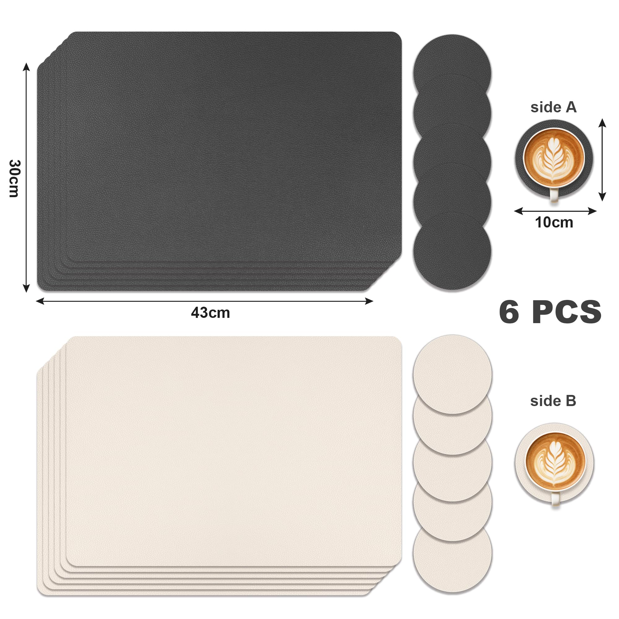 Manteles Individuales Lavables Juego de 6, Salvamanteles y Posavasos Doble Cara PVC, Antideslizantes Resistentes al Calor, Uso Hogar y Cocina (Gris Beige)