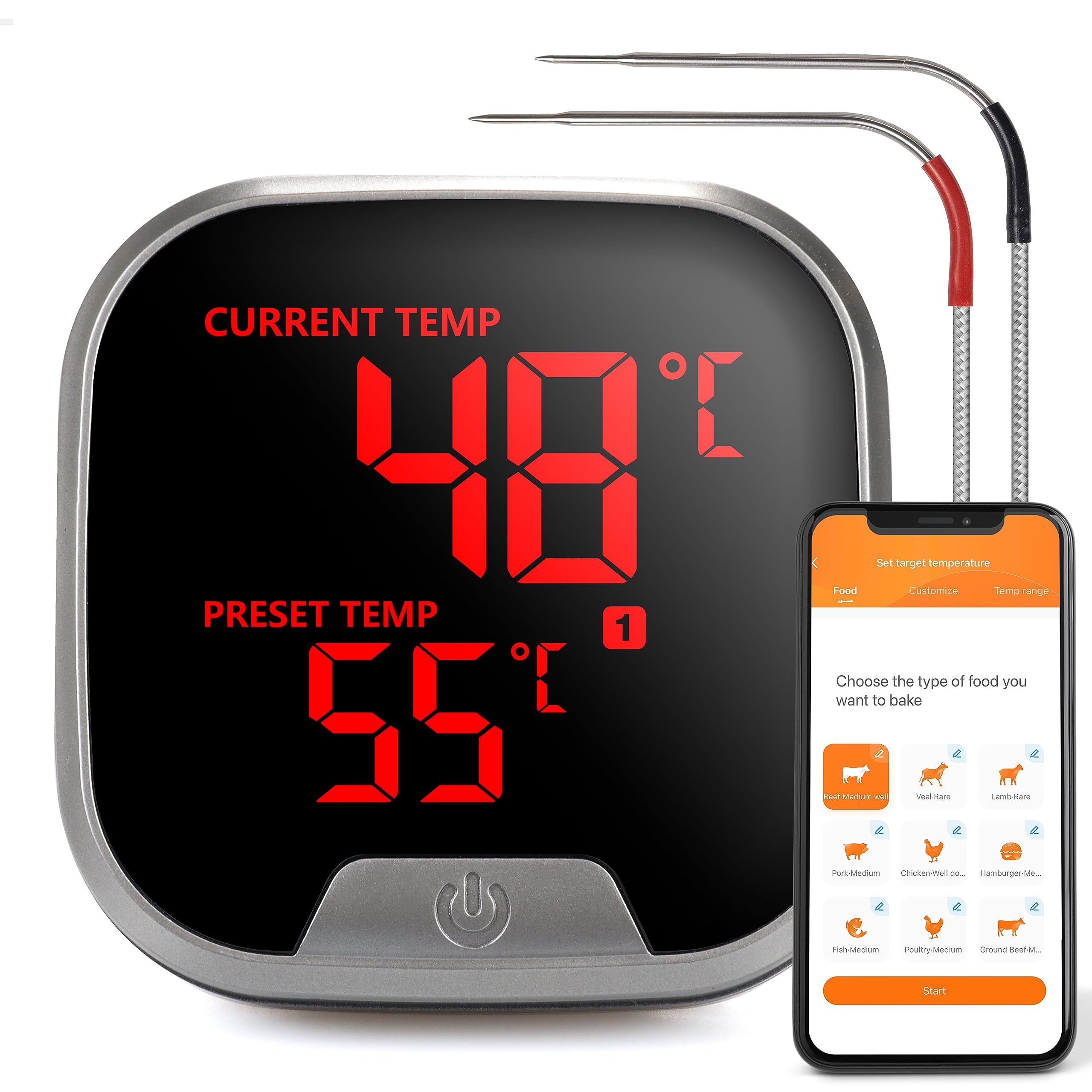 Silvergear® Fleischthermometer mit App | Grillthermometer Kabellos Bluetooth | BBQ Thermometer mit 2 Temperaturfühlern | 40m Reichweite | Digital Braten-Thermometer für Grill & Backofen| USB-Aufladbar