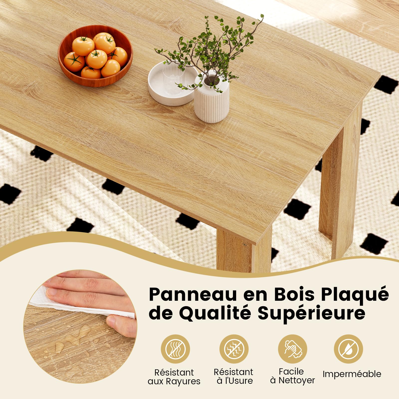 COSTWAY Table Salle à Manger 120 CM pour 4-6 Personnes, Table Cuisine Rectangulaire avec Pieds en Formes de L Robustes, Montage Facile, Charge Max. 60 kg (Naturel)