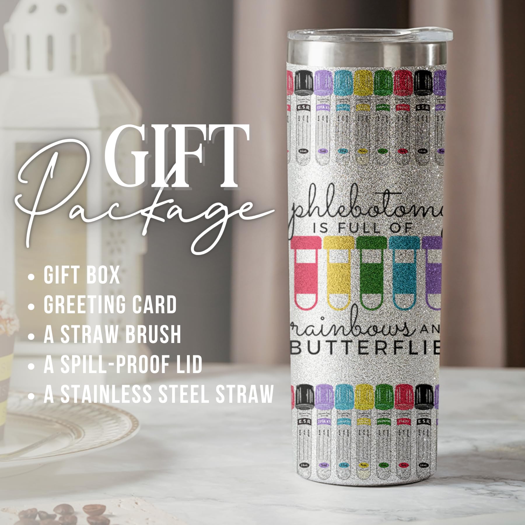 Onebttl Nurse Gifts for Women - Phlebotomy Gifts - Phlebotomist Graduation Gifts - Nurse Week Day Gifts - Phlebotomy is Full of Rainbows and Butterflies, 20oz Glitter Insulated Tumbler Cup with Straw