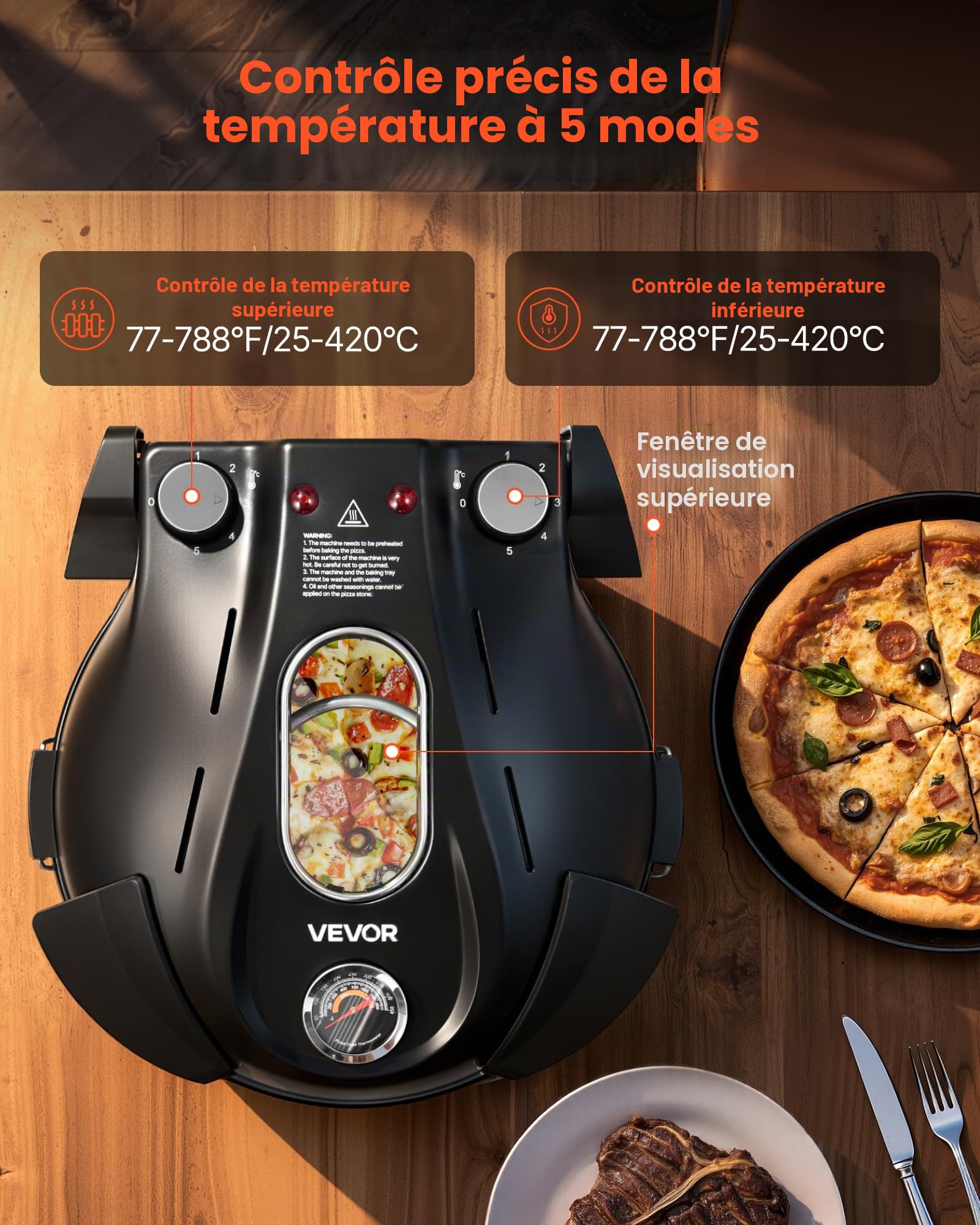 VEVOR Four à Pizza Électrique 305 mm, Cuiseur à Pizza 1200 W, avec Pierre en Cordiérite, 5 Modes de Contrôle de la Température, Hublot pour Une Cuisson Précise, Chauffe jusqu'à 420 °C, Maison Noir