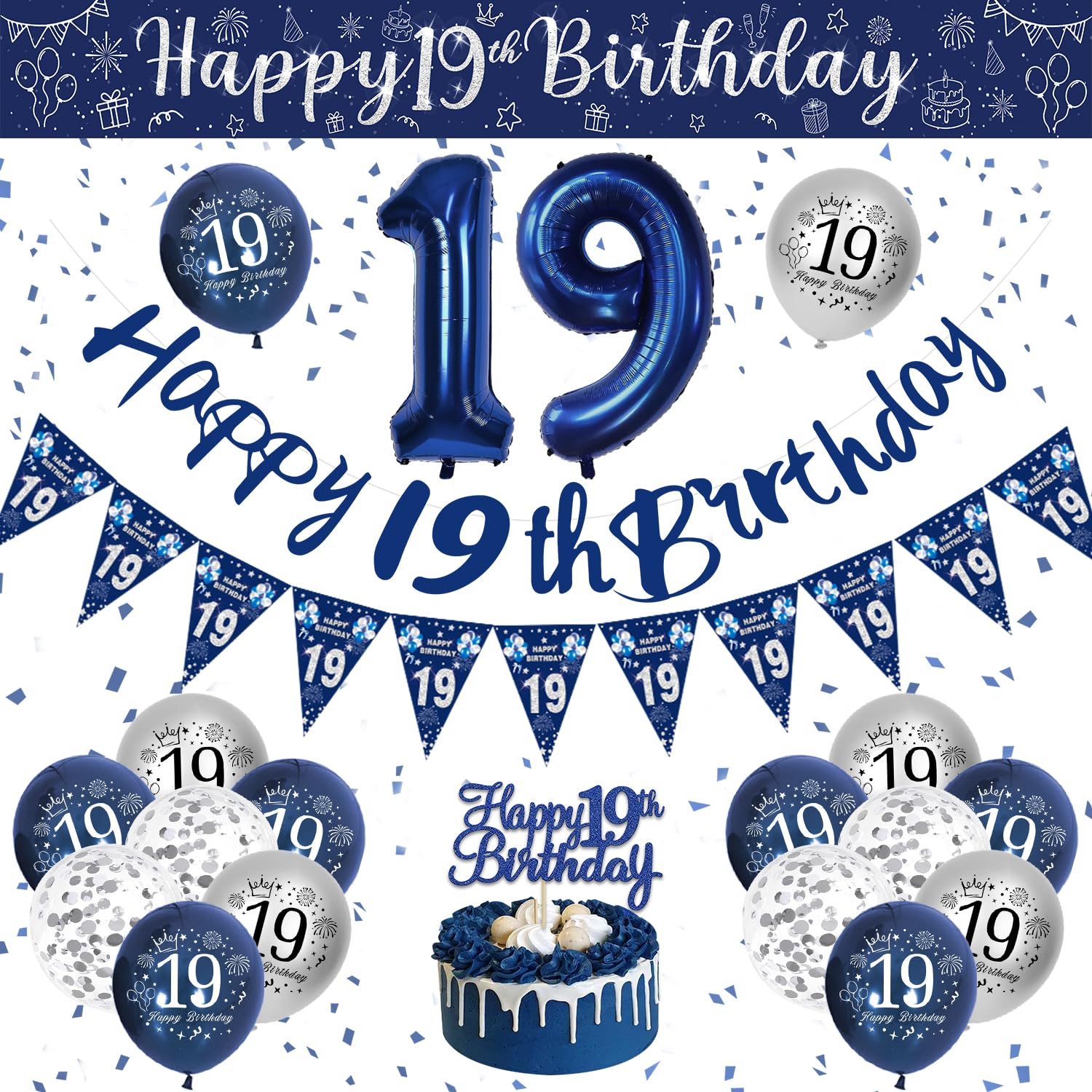 19th Birthday Decorations Boys, Blue and Silver Happy 19th Birthday Banner, Navy Blue and Sliver 19th Birthday Balloons, Confetti Balloons 19th Party Decorations for Boy, 19th Birthday Party Supplies โ image 1