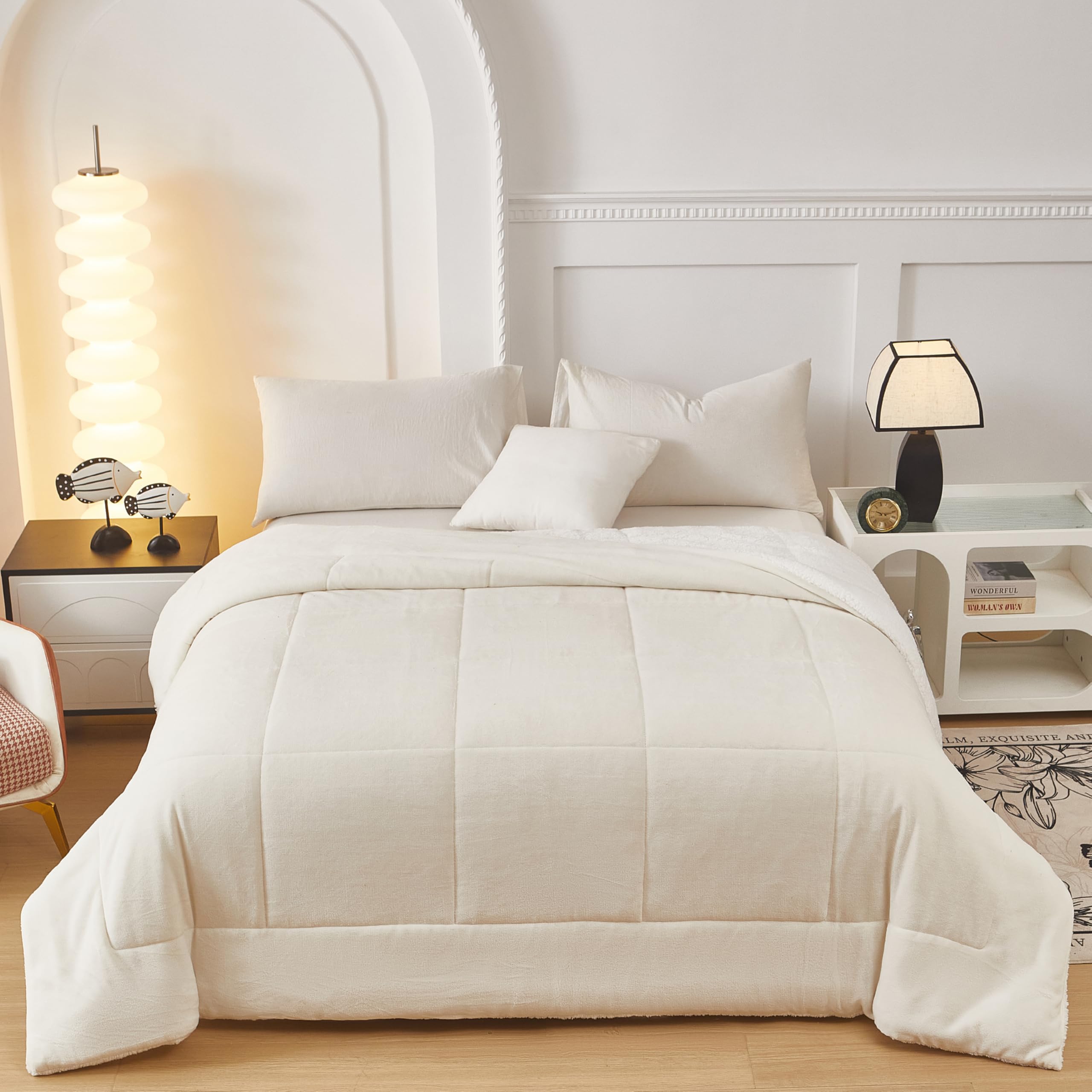 Fanny & Céline Couverture Lux 650 GSM Sherpa+Flanelle Réversible 240x260cm Double Face rembourrée Super Chaude et Douce DBPV-018 Blanc Naturel