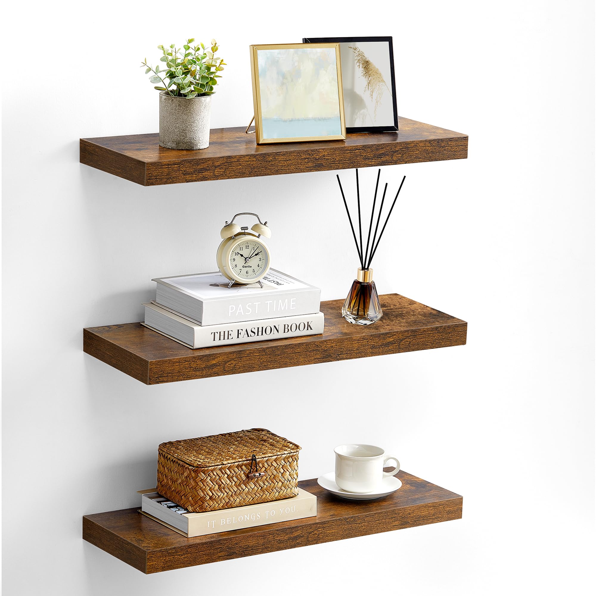 similar to stock photo VASAGLE Wall Shelves Set of 3, Floating Shelves, Wall Mounted, 8 x 23.6 x 1.5 Inches, Display Shelves for Picture Frames, Wall Decor, Hanging Shelf for Living Room, Kitchen, Rustic Brown ULWS057B01