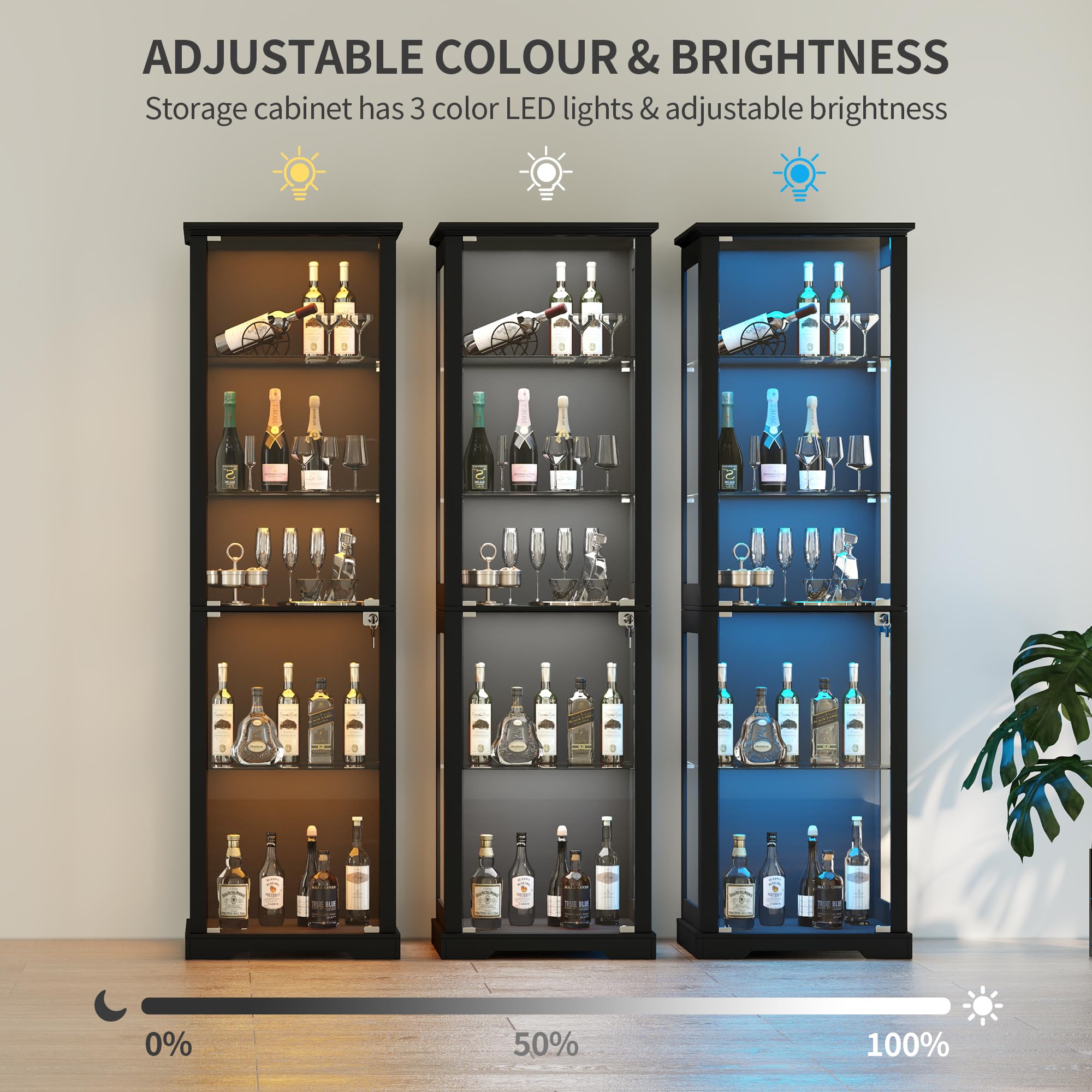 Lvifur Vitrina de cristal de 5 capas de 180 cm, con iluminación LED y puertas de cristal, color negro | Vitrina con sensor inteligente para coleccionables