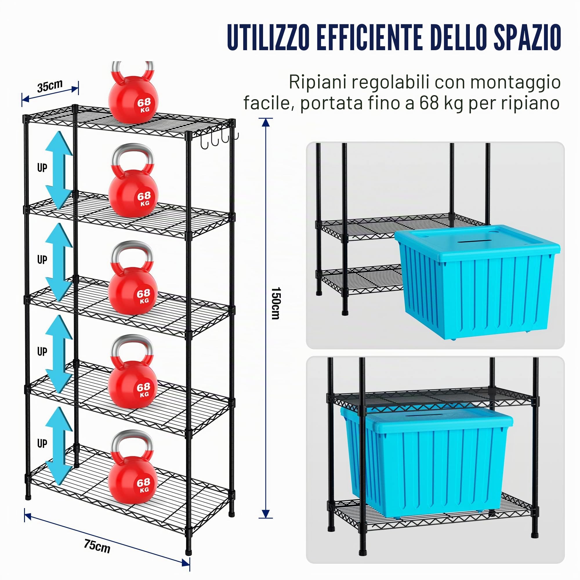 WORKPRO Scaffali portaoggetti in metallo a 5 ripiani, ripiani regolabili con ganci per dispensa, armadio, cucina, cantina, 76,2 cm x 35,6 cm x 152,4 cm