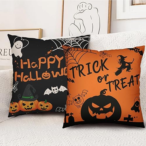 Miniatura 7 de Fundas de almohada de Halloween de 16 x 16 pulgadas, protector de almohada de calabaza aterradora, murciélagos negros, bruja, juego de 2 fundas de